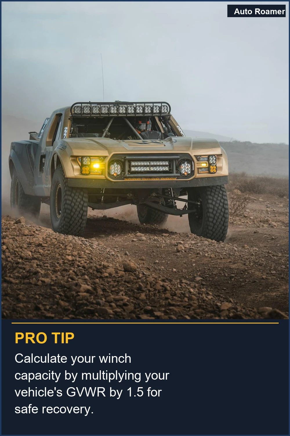 Calculate your winch capacity by multiplying your vehicle's GVWR by 1.5 for safe recovery.