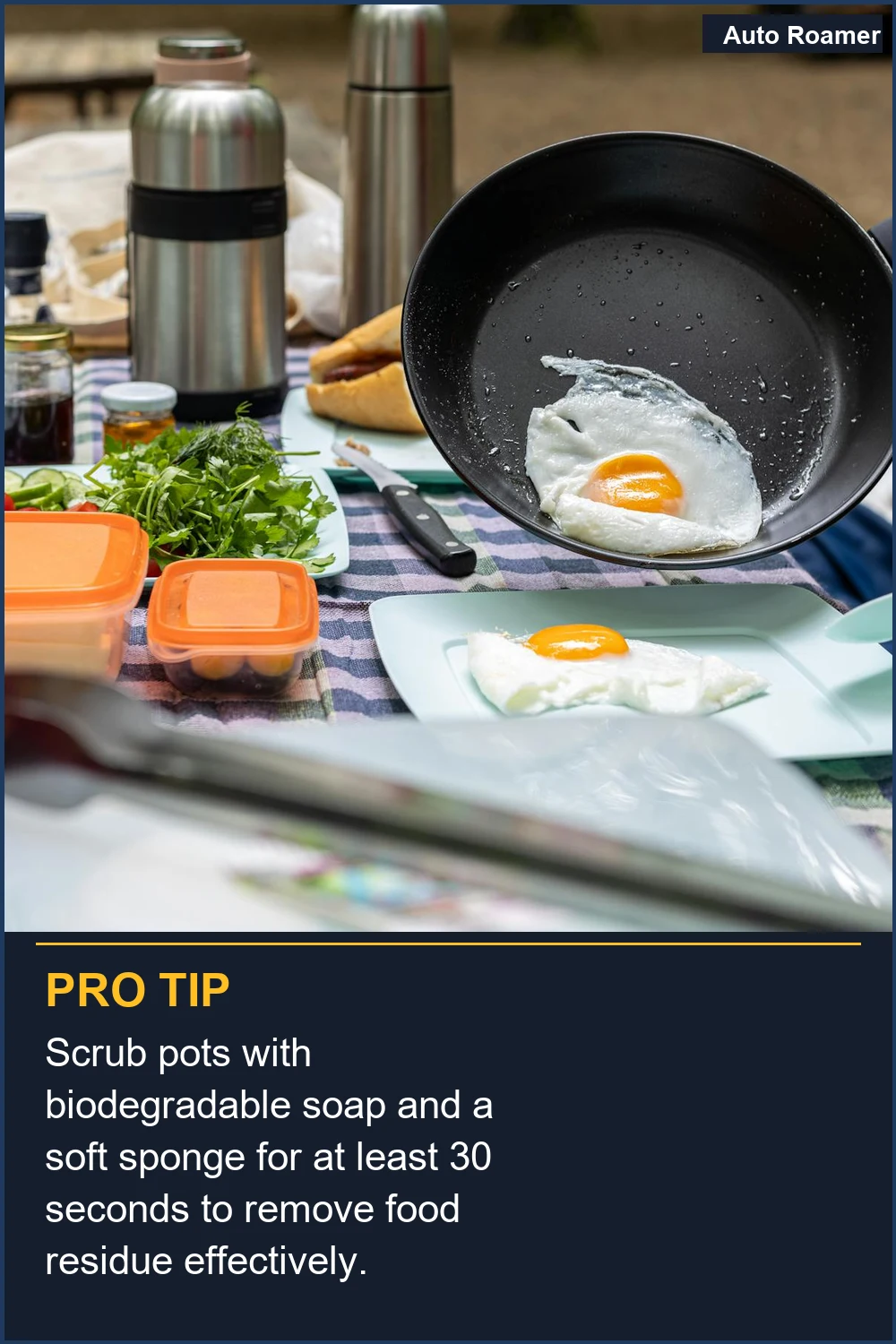 Scrub pots with biodegradable soap and a soft sponge for at least 30 seconds to remove food residue effectively.