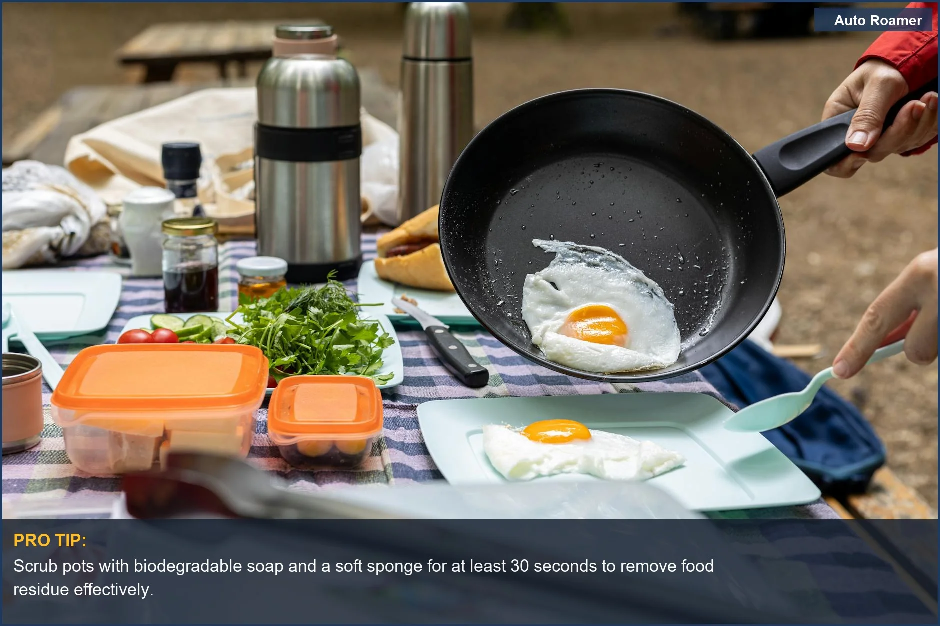 Campers preparing fried eggs and fresh vegetables outdoors, demonstrating easy cleaning of camping pots.