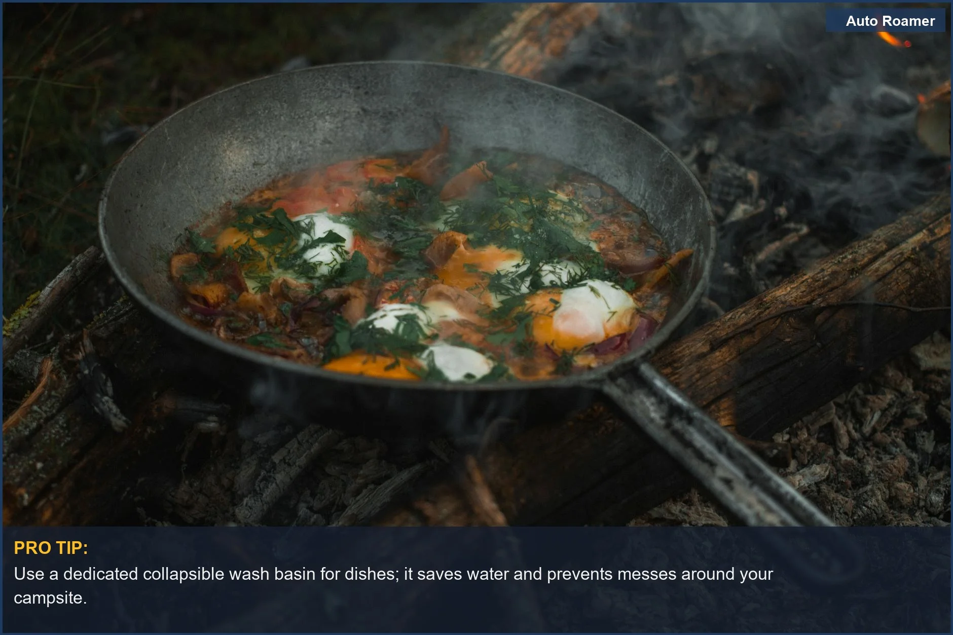 Delicious campfire breakfast with eggs, herbs, and vegetables in a frying pan, showing effective camping cookware care.