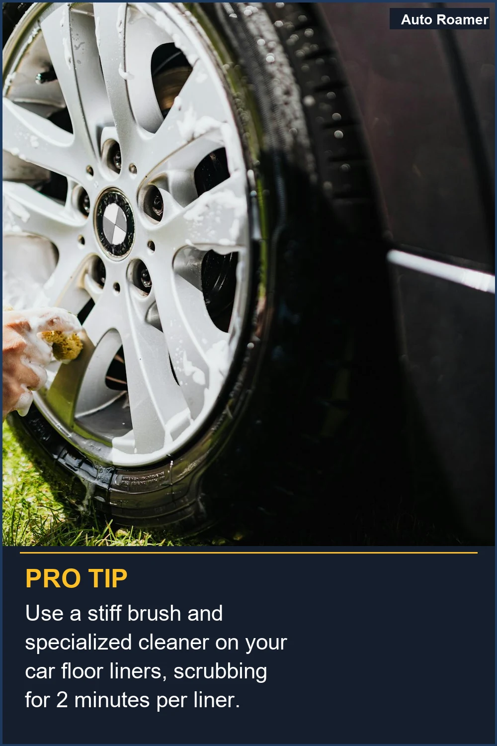 Use a stiff brush and specialized cleaner on your car floor liners, scrubbing for 2 minutes per liner.