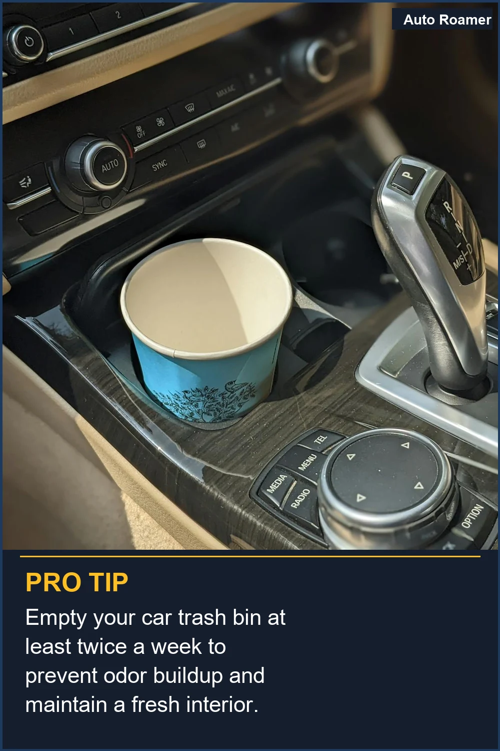 Empty your car trash bin at least twice a week to prevent odor buildup and maintain a fresh interior.
