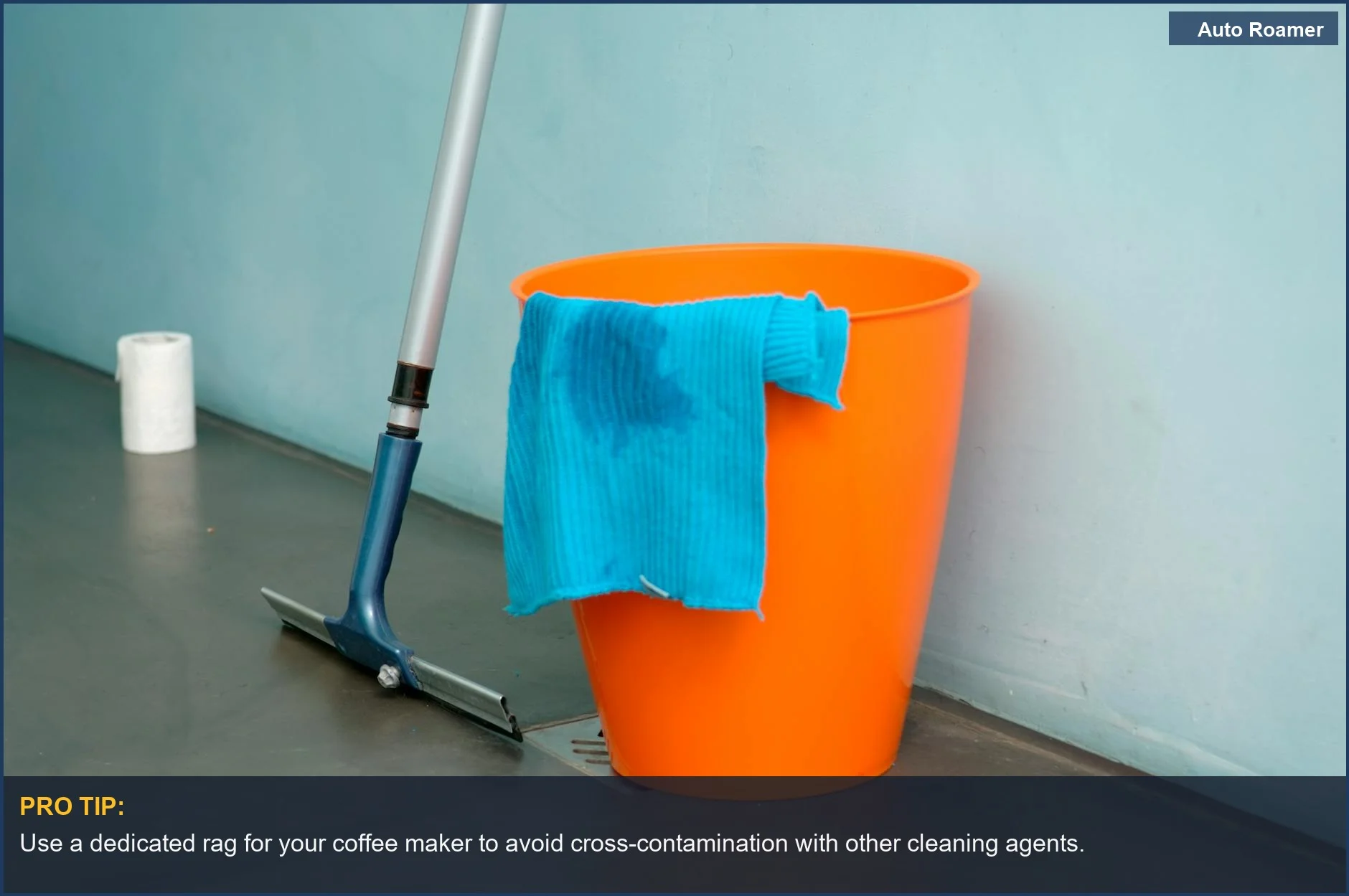 Close-up of cleaning supplies, including an orange bucket and blue rag, for camping gear maintenance.