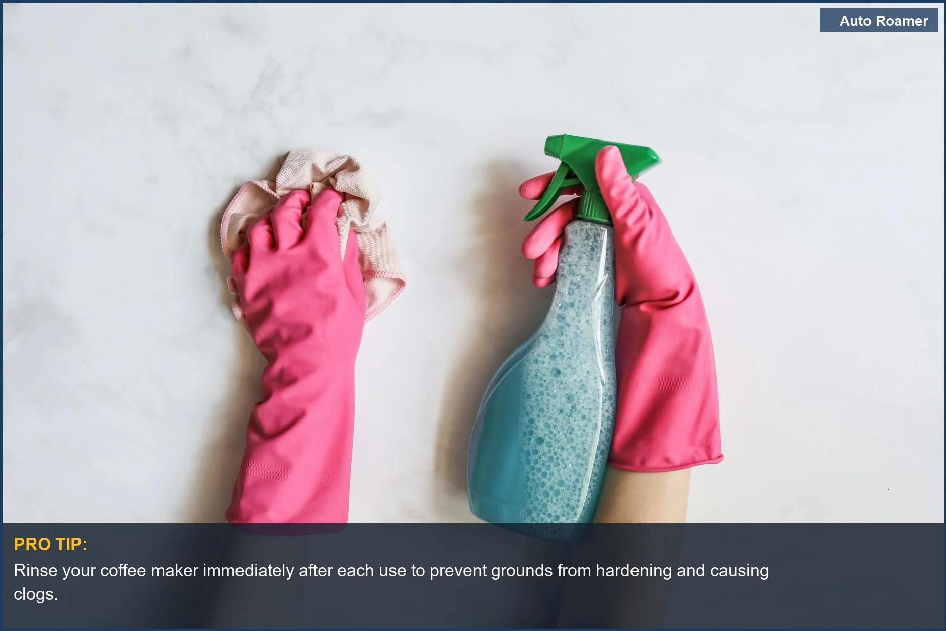 Hands in pink gloves cleaning a camping coffee maker with a spray bottle for proper care.