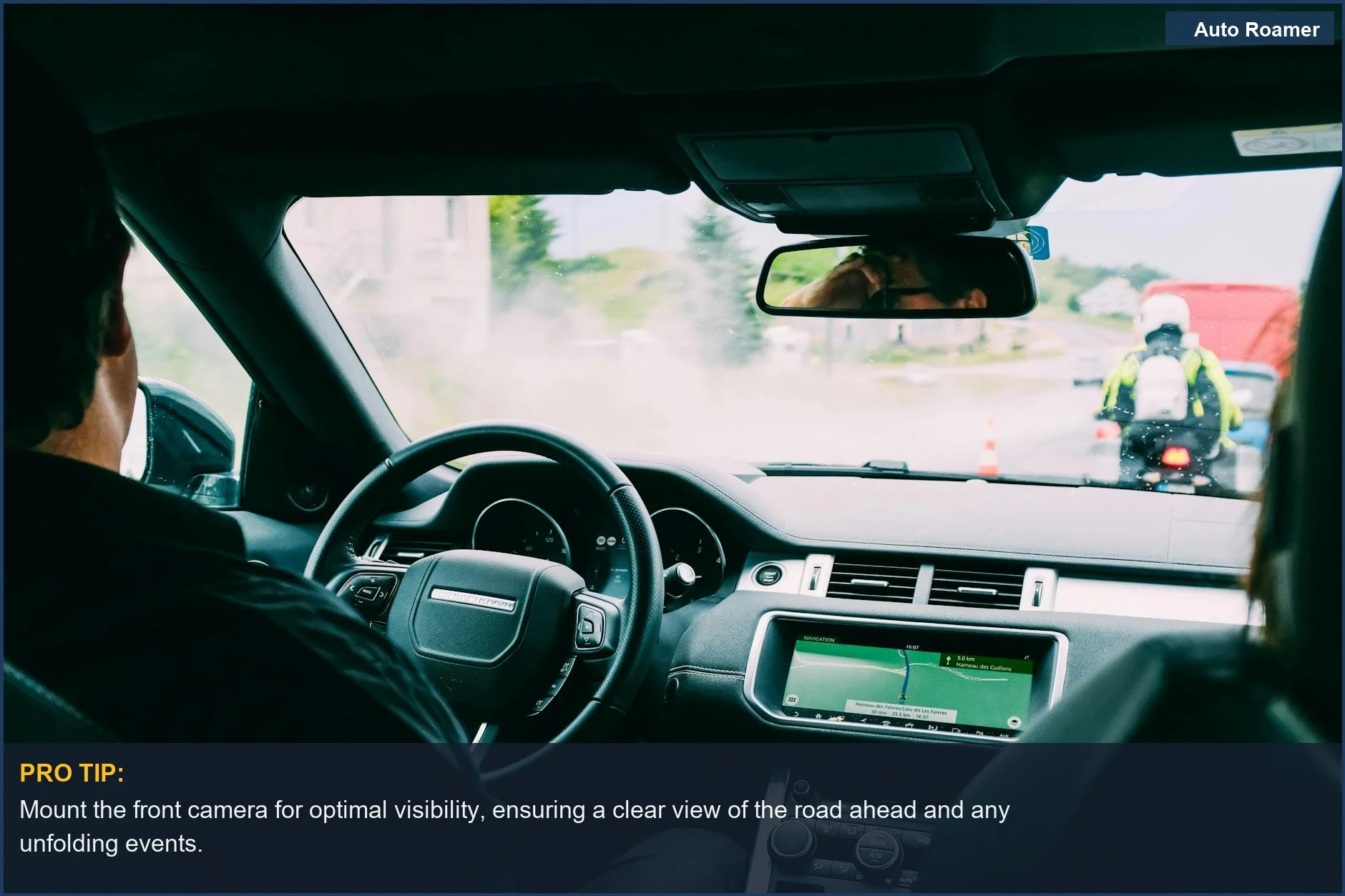 Car interior showcasing GPS navigation and traffic, illustrating urban driving with a focus on the dashboard for Cobra SC 250R setup.