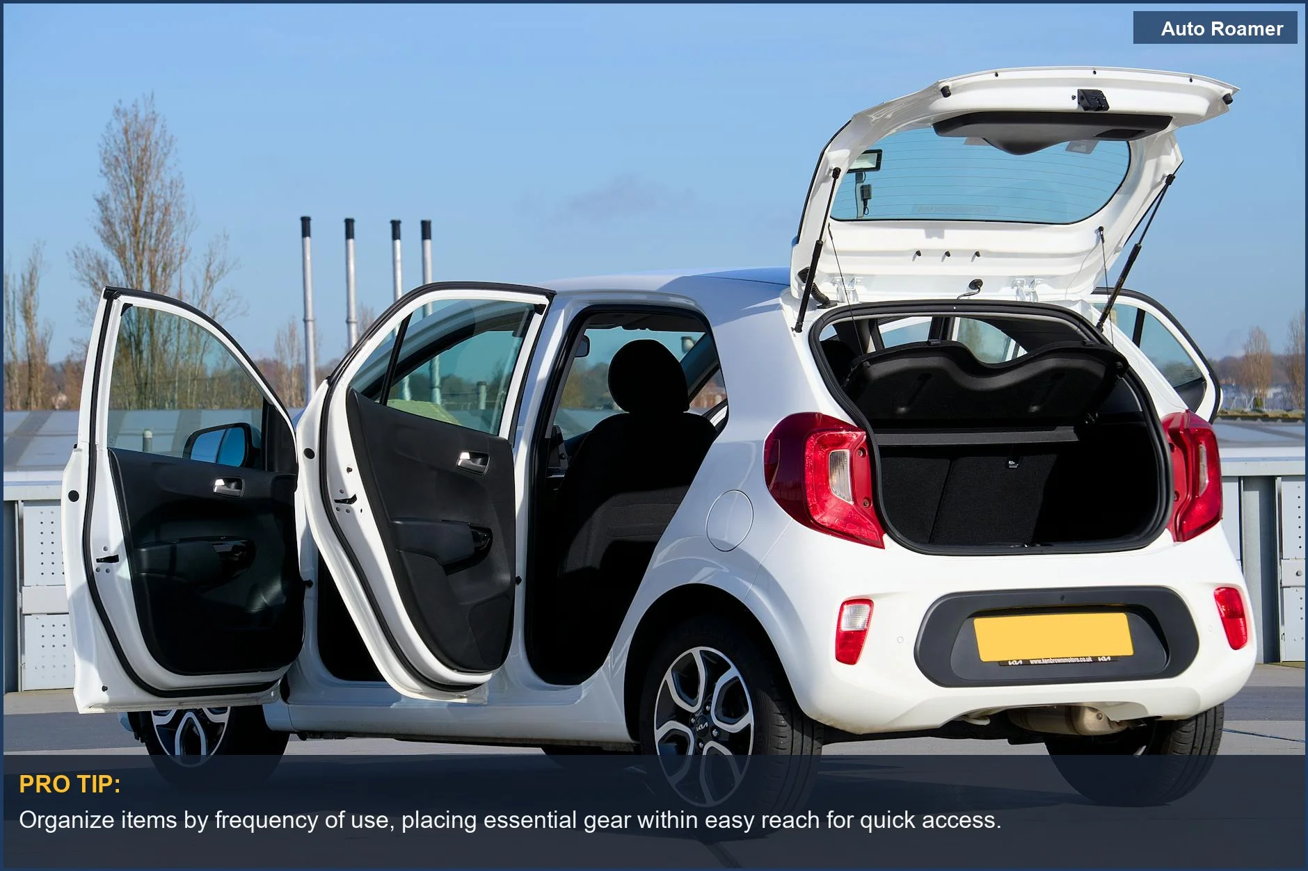 Open trunk of a white compact car in an urban setting, highlighting the need for foldable car storage.