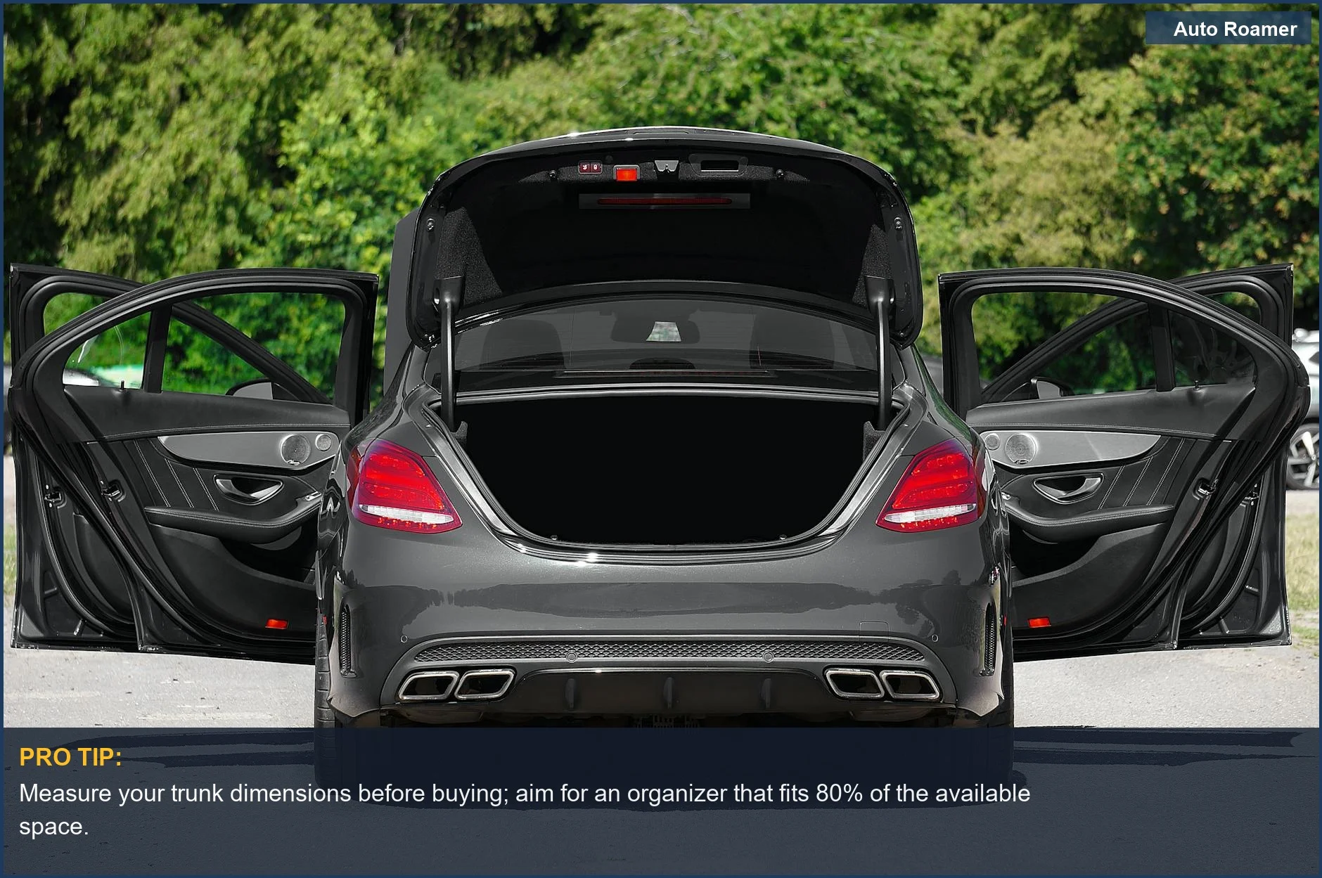 Luxury car's interior and trunk open, demonstrating elegant design and the benefits of collapsible trunk organizers.
