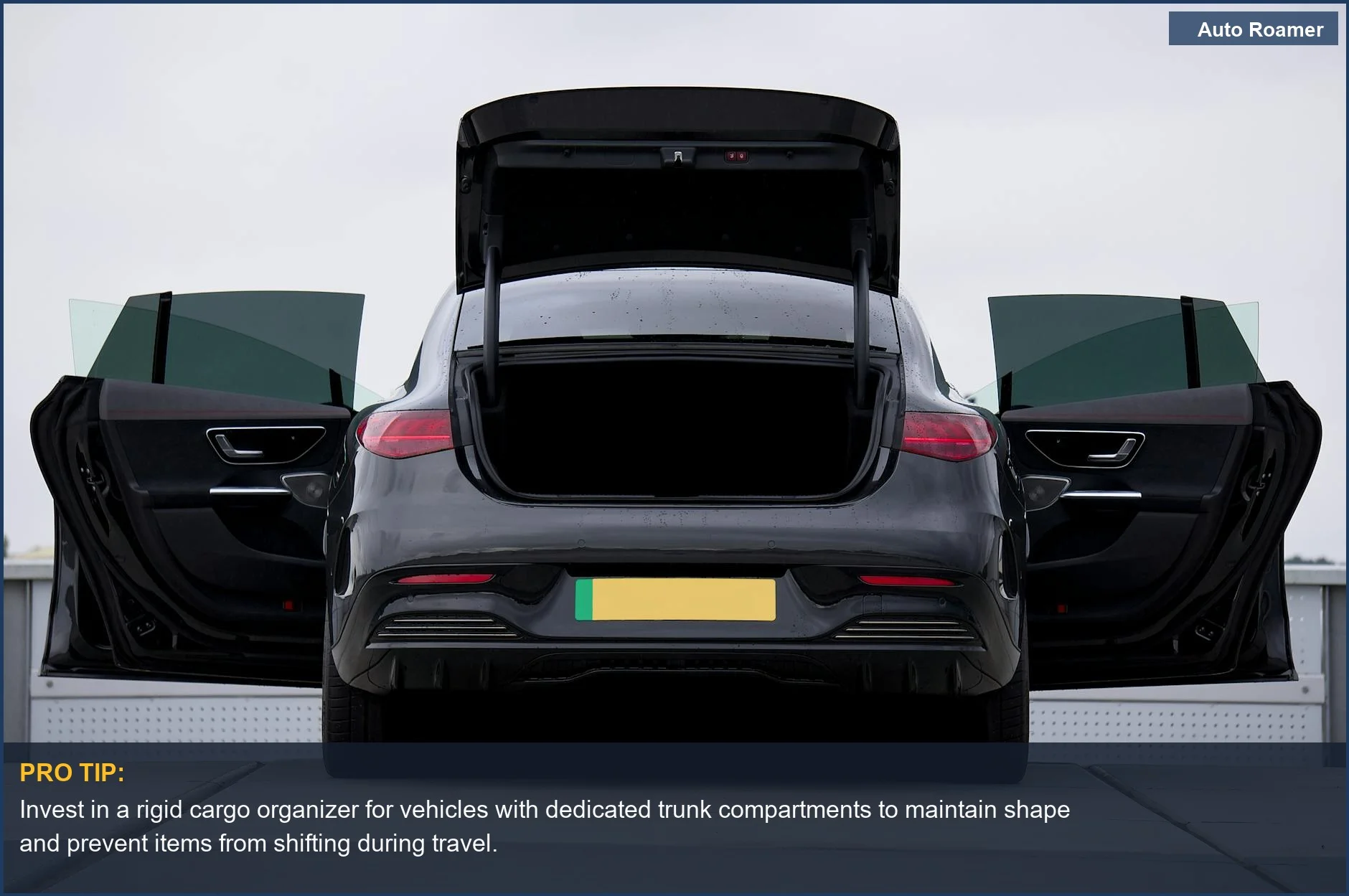 Modern electric car with an open trunk, highlighting the need for a rigid cargo organizer for sleek storage.