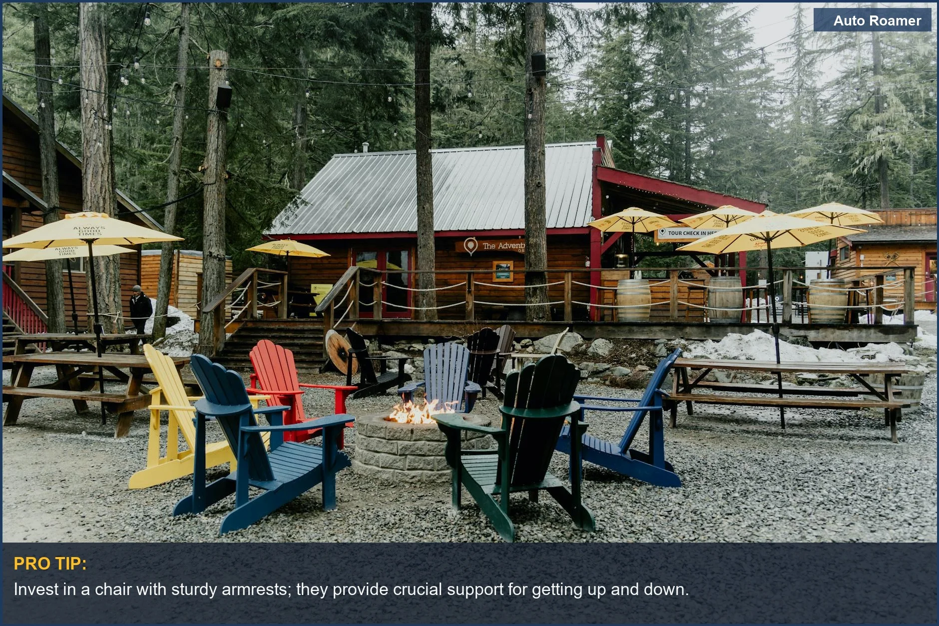 Cozy campfire scene with colorful Adirondack chairs providing excellent camping chair support.