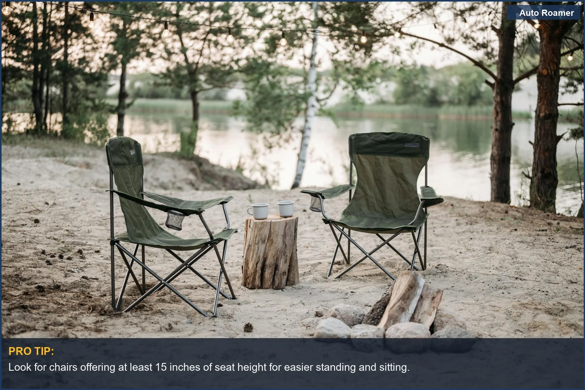 Peaceful campsite with ergonomic camping chairs by a tranquil lake, ideal for nature lovers.