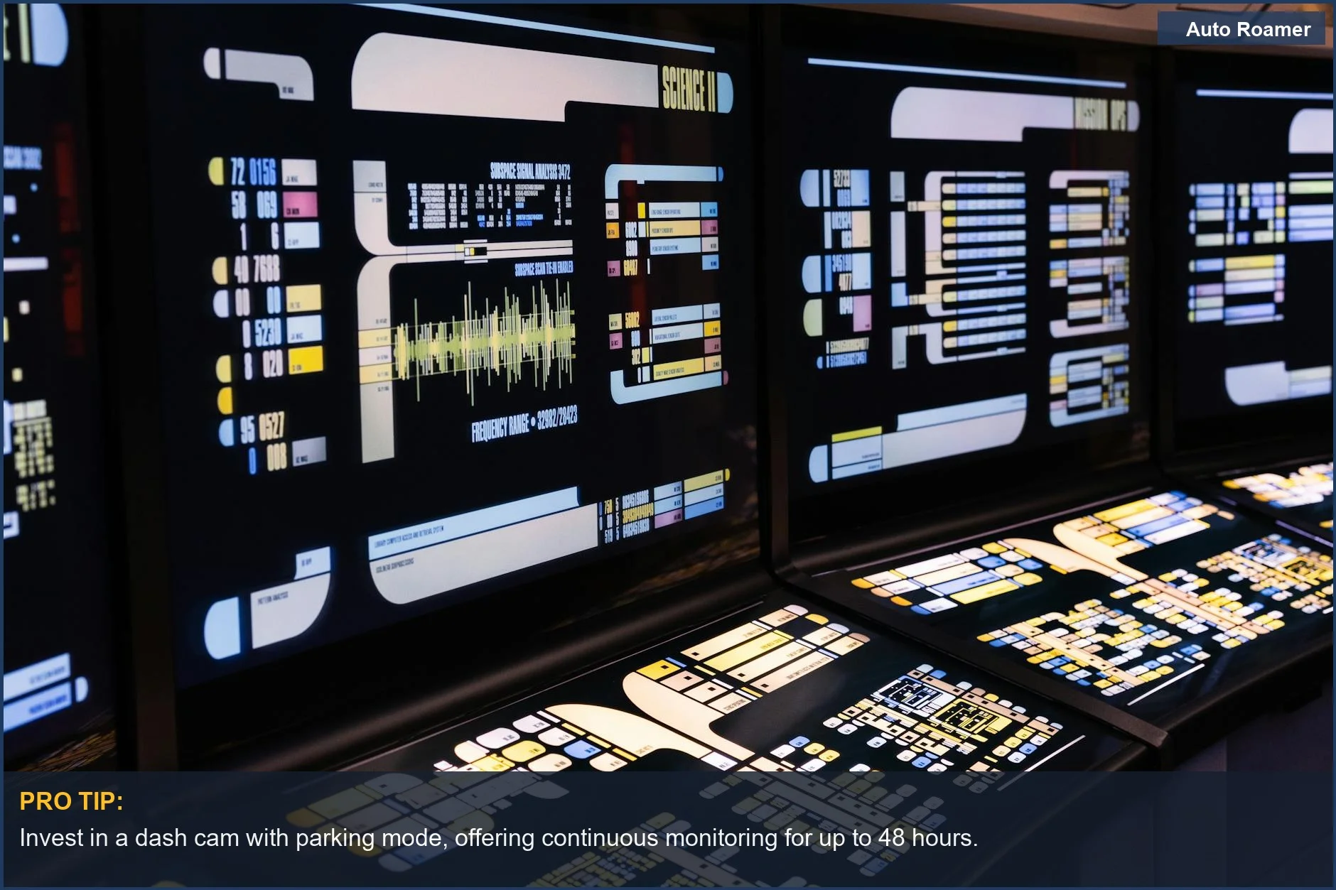 Centro de mando de alta tecnología con pantallas digitales, mostrando capacidades avanzadas de cámaras de salpicadero comerciales.