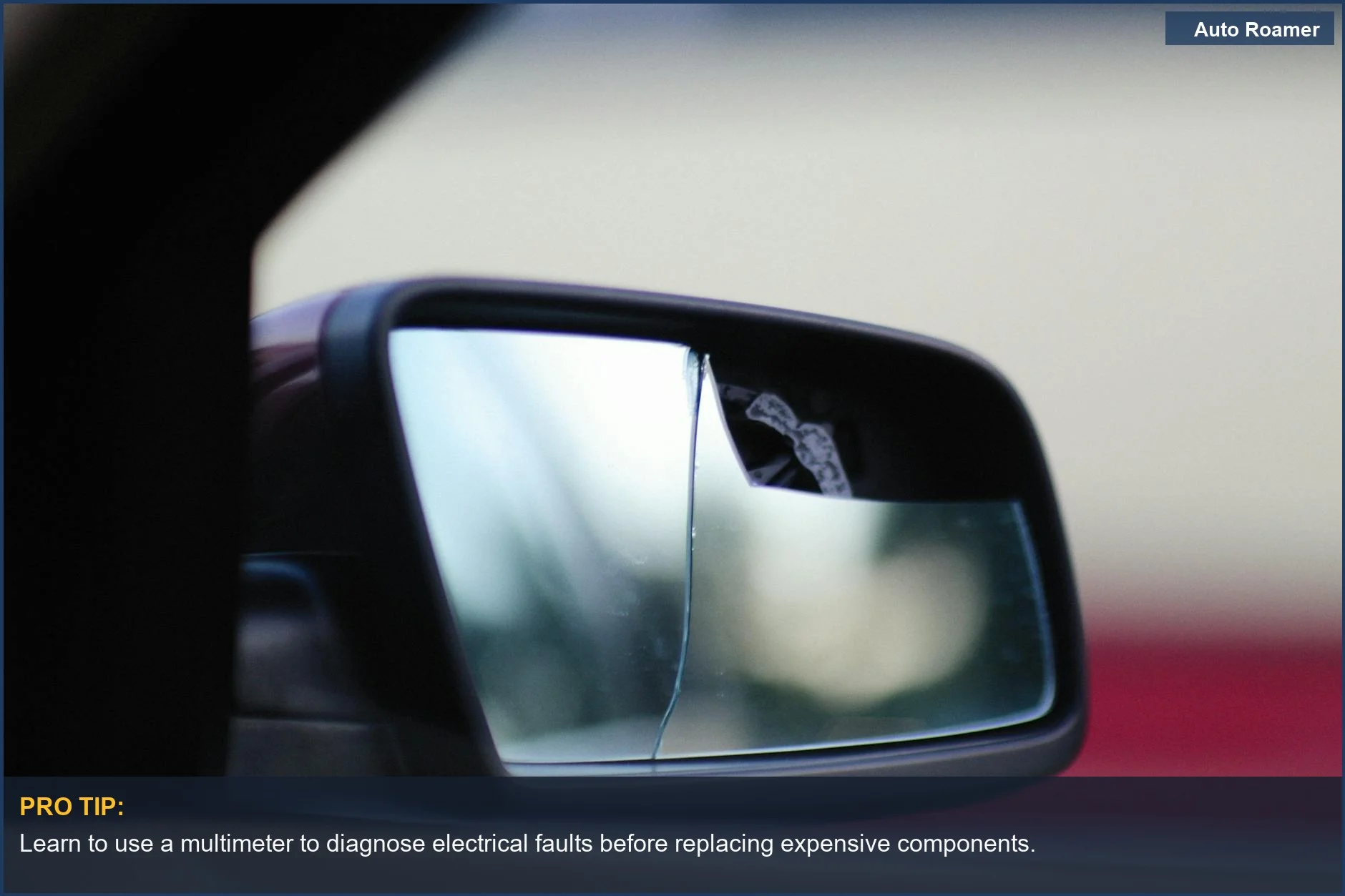 Cracked car side mirror reflecting a blurry background, indicating potential electrical issues from accessory installation.