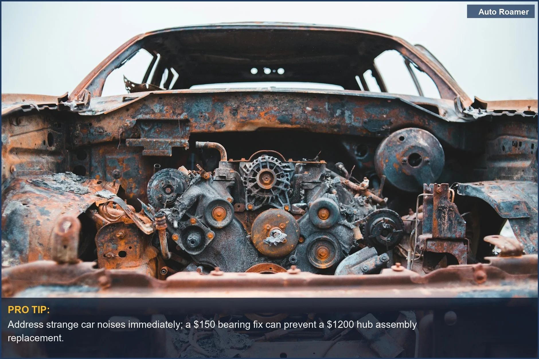 Rusty, abandoned car engine showing neglect, a result of ignoring accessory installation warning signs.