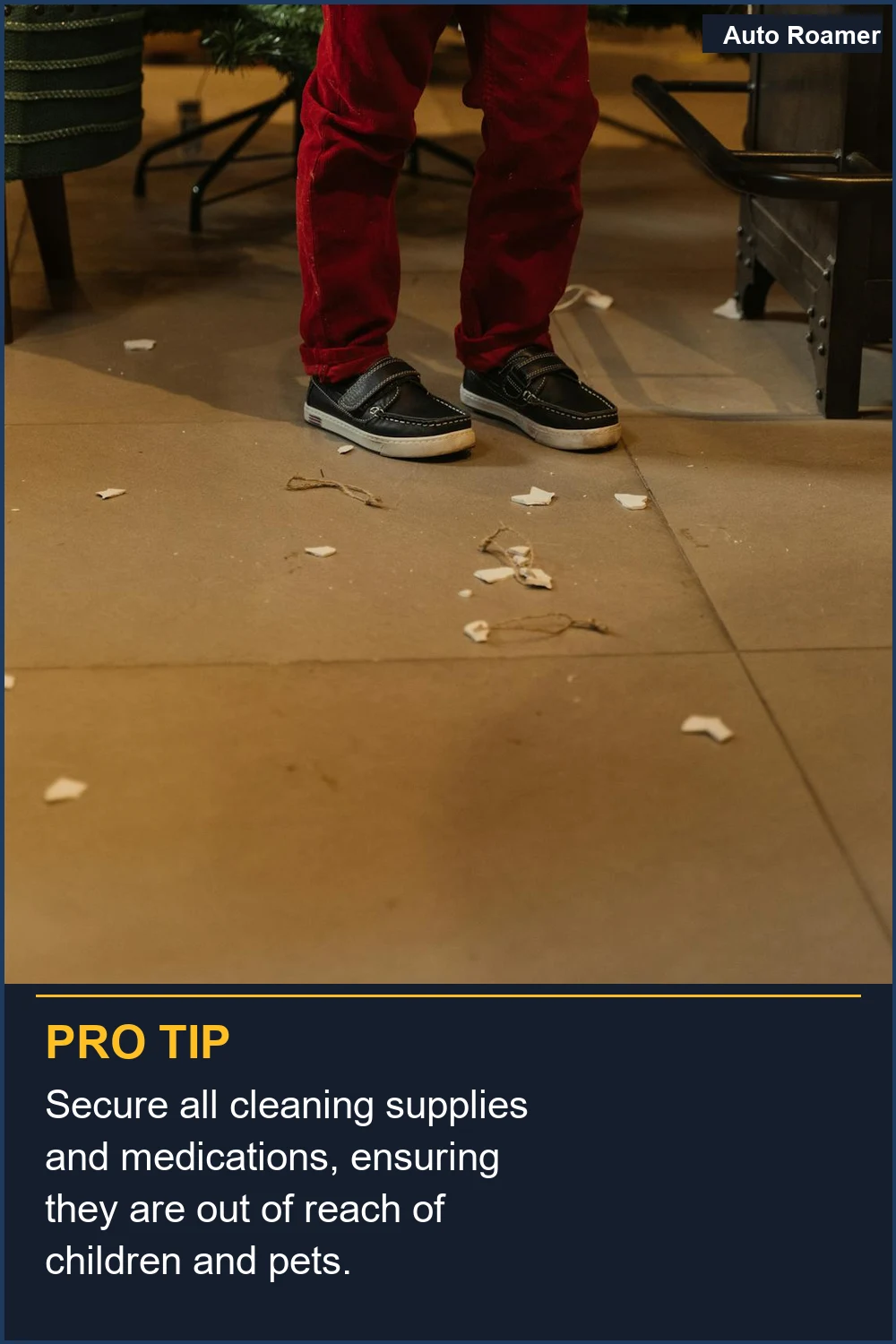 Asegura todos los productos de limpieza y medicamentos, asegurándote de que estén fuera del alcance de niños y mascotas.