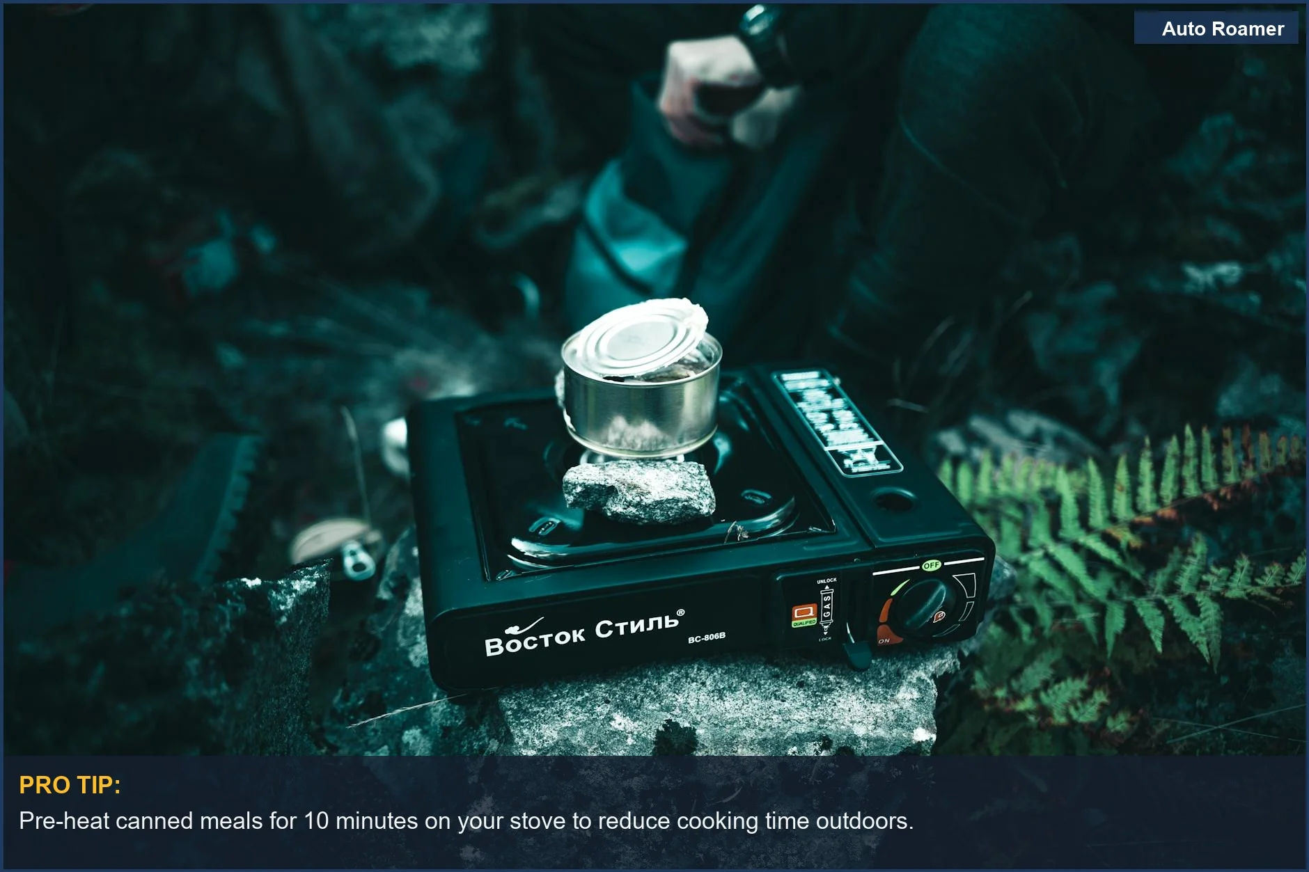 Heating a canned meal on a portable gas stove, ideal for easy car camping cooking.