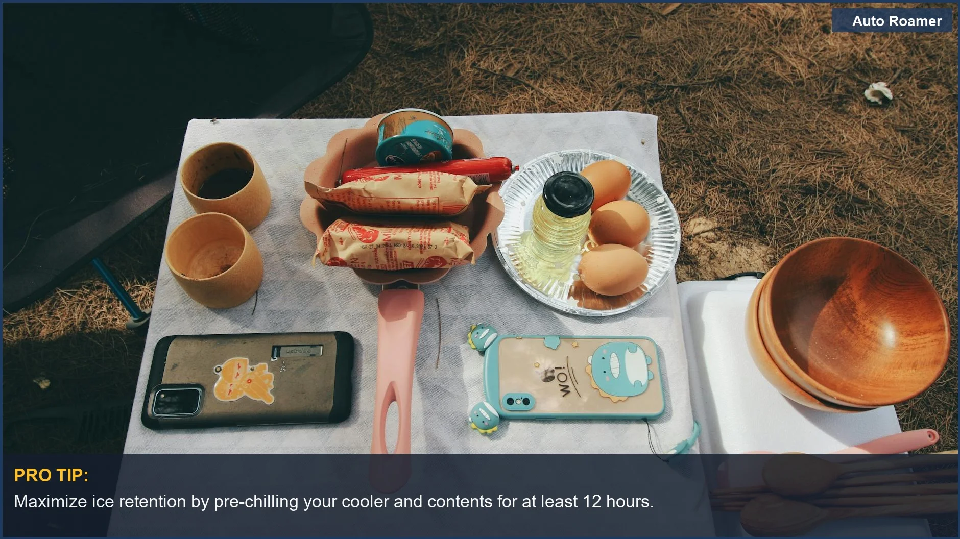 Picnic spread with food and drinks, showcasing the importance of cooler insulation for road trips.