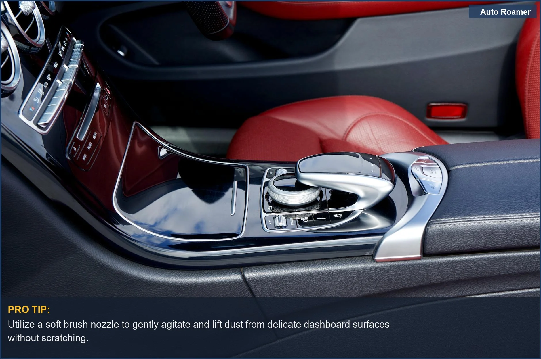 Close-up of a luxury car interior dashboard, highlighting the need for precise vacuuming tools.