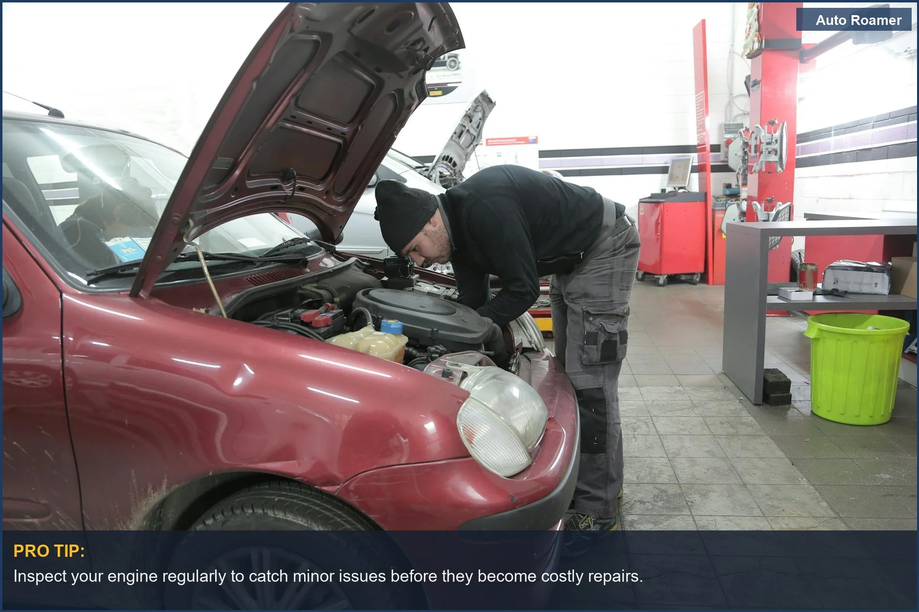 Mechanic inspects red car engine for common family travel vehicle repair cost estimates.