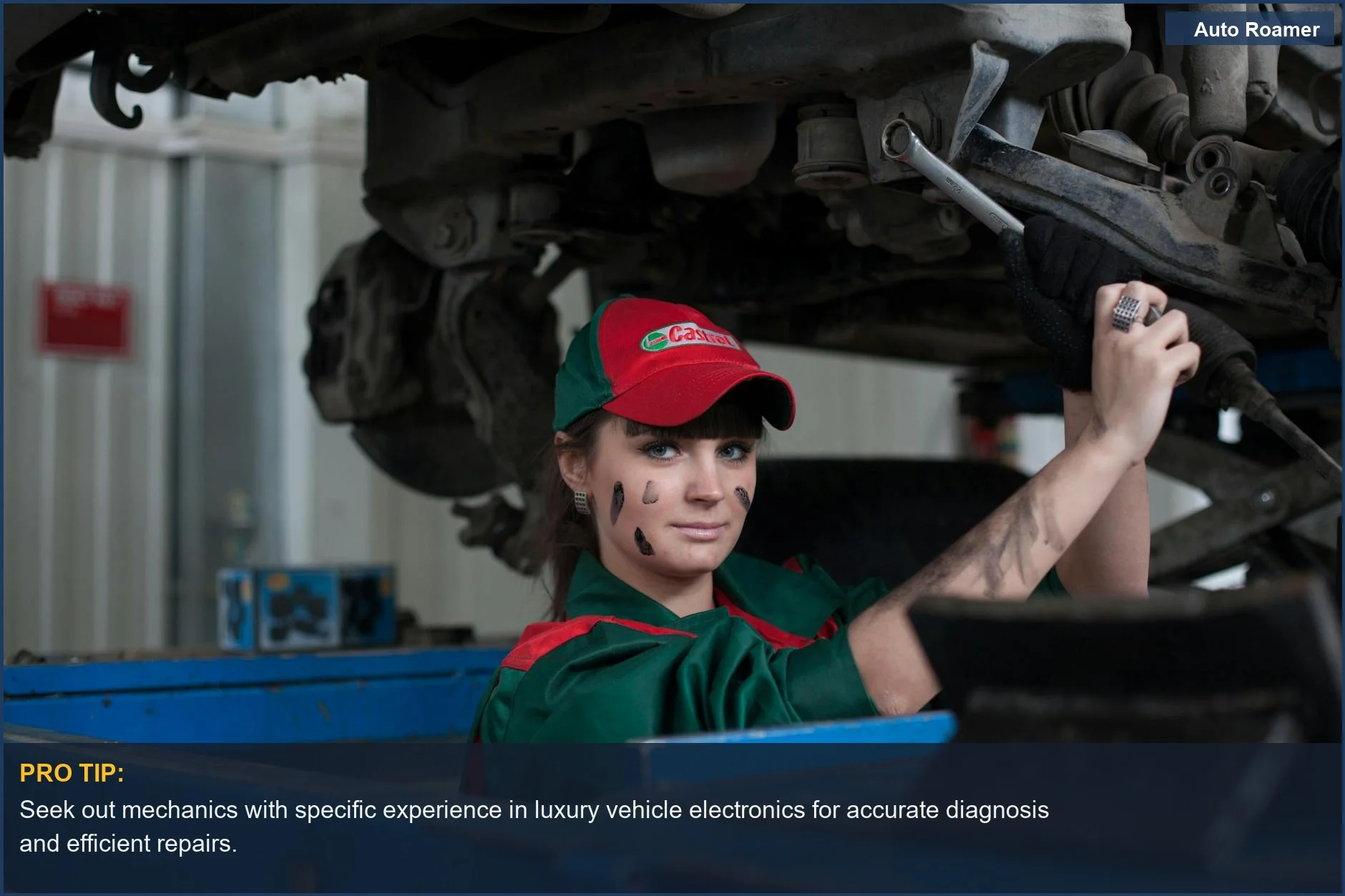 Female mechanic concentrating on car maintenance, illustrating skilled labor in addressing heated and cooled seat repair costs.