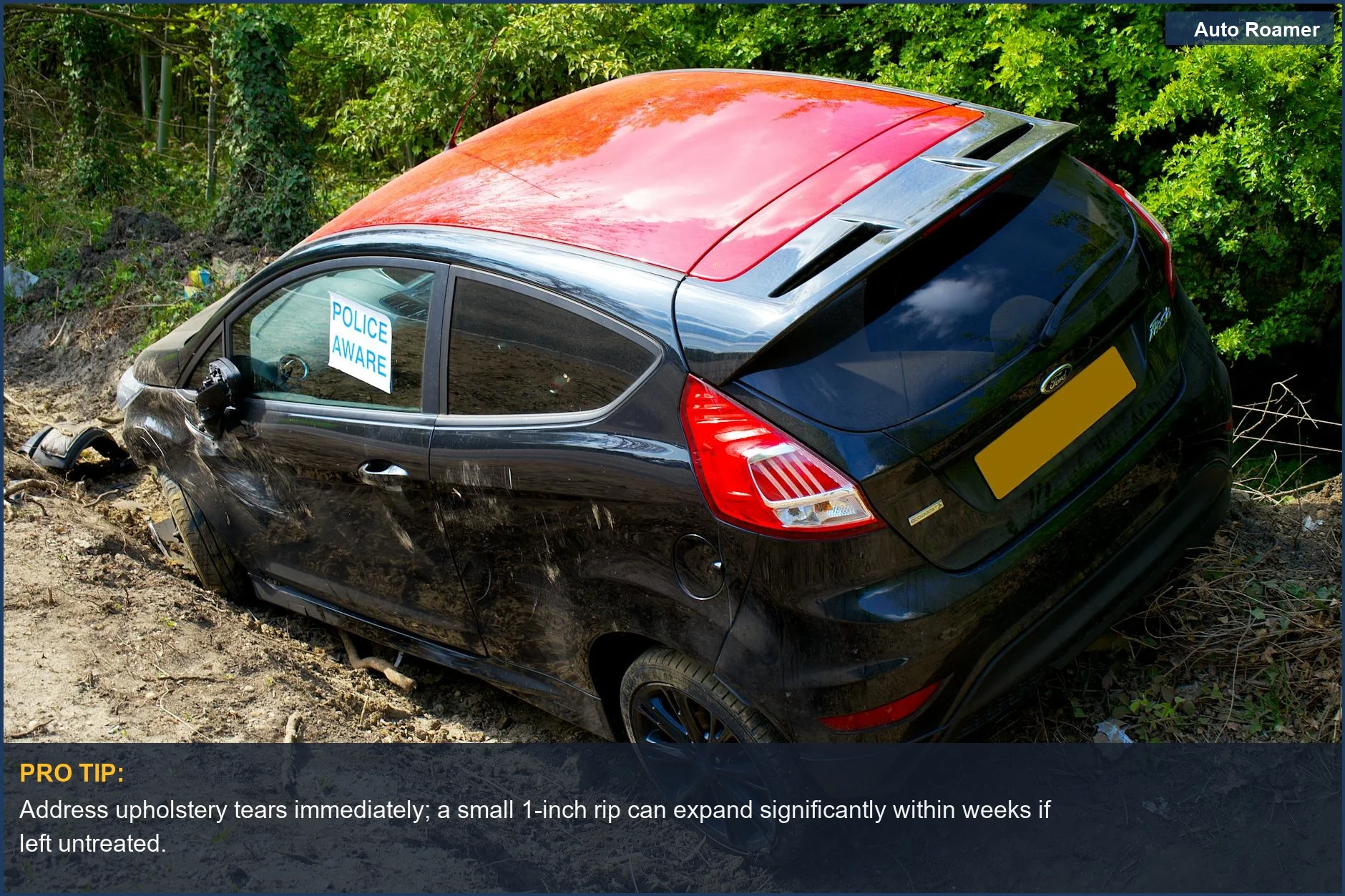 Coche negro dañado en un camino de tierra, representando posibles daños de mascotas en los interiores de vehículos.