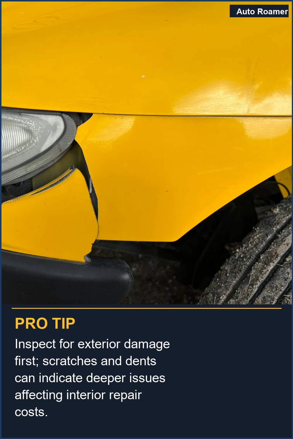 Inspecciona primero los daños exteriores; los arañazos y abolladuras pueden indicar problemas más profundos que afectan los costos de reparación del interior.