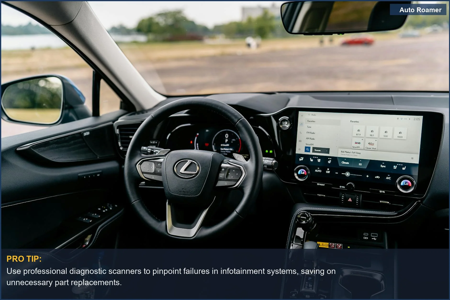 Lexus touchscreen and steering controls, illustrating the cost of replacing integrated smart car tech.