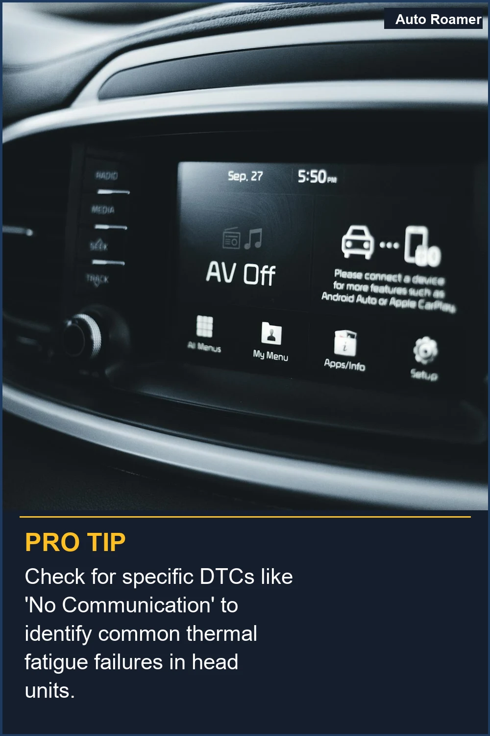 Check for specific DTCs like 'No Communication' to identify common thermal fatigue failures in head units.