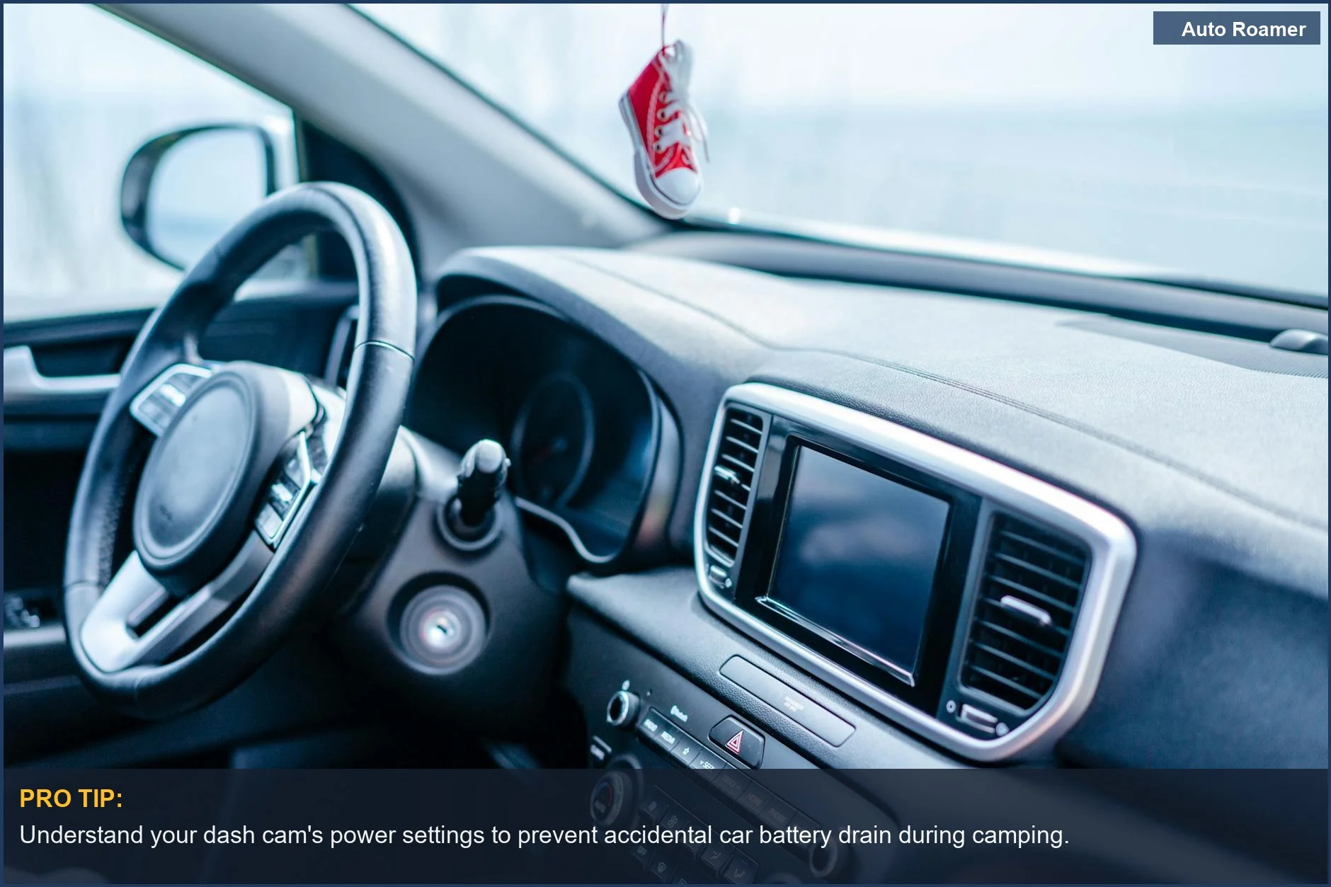 Modern car interior with dashboard and steering wheel, illustrating dash cam battery consumption concerns.