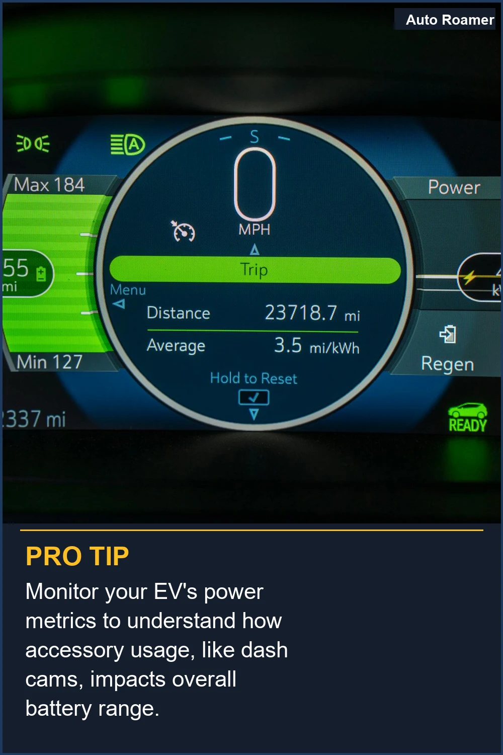 Monitor your EV's power metrics to understand how accessory usage, like dash cams, impacts overall battery range.
