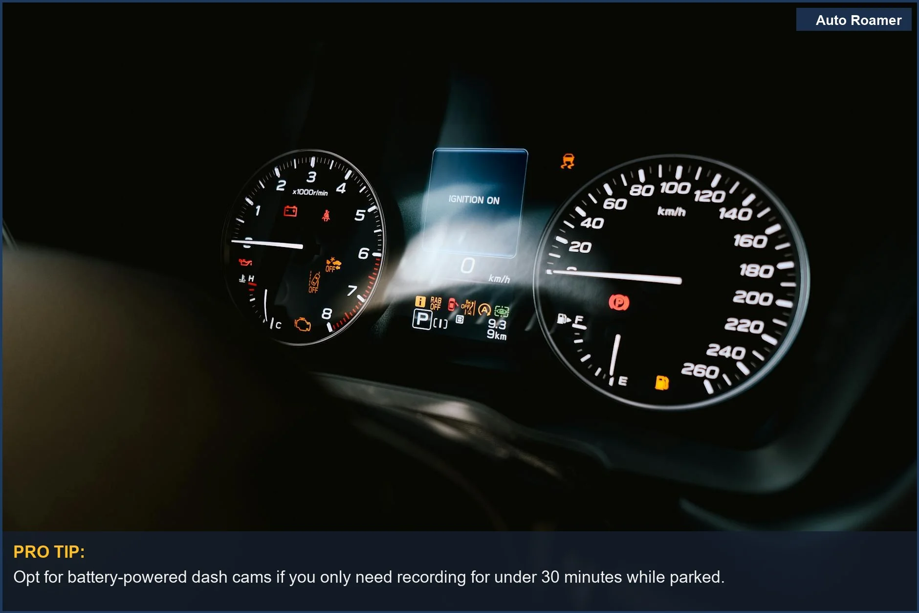 Detailed car dashboard with tachometer and warning lights, illustrating dash cam power options for driving or short parking.