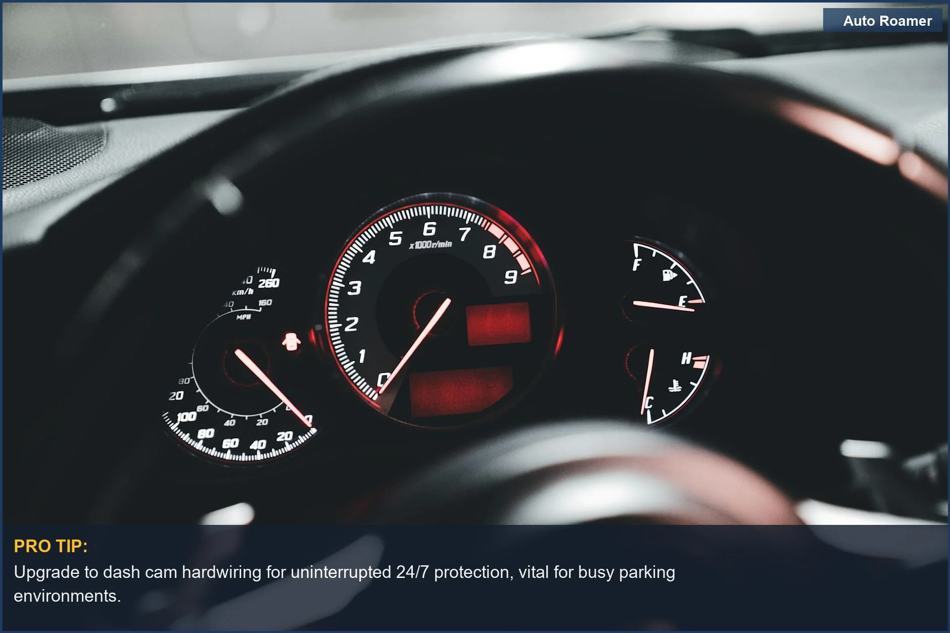 Illuminated modern car dashboard with speedometer, showcasing the importance of dash cam hardwiring for parking lot protection.
