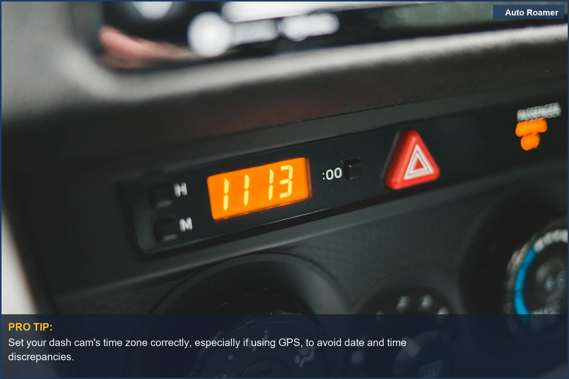 Illuminated digital clock on car dashboard, showing 11:13, relevant to dash cam time zone settings.