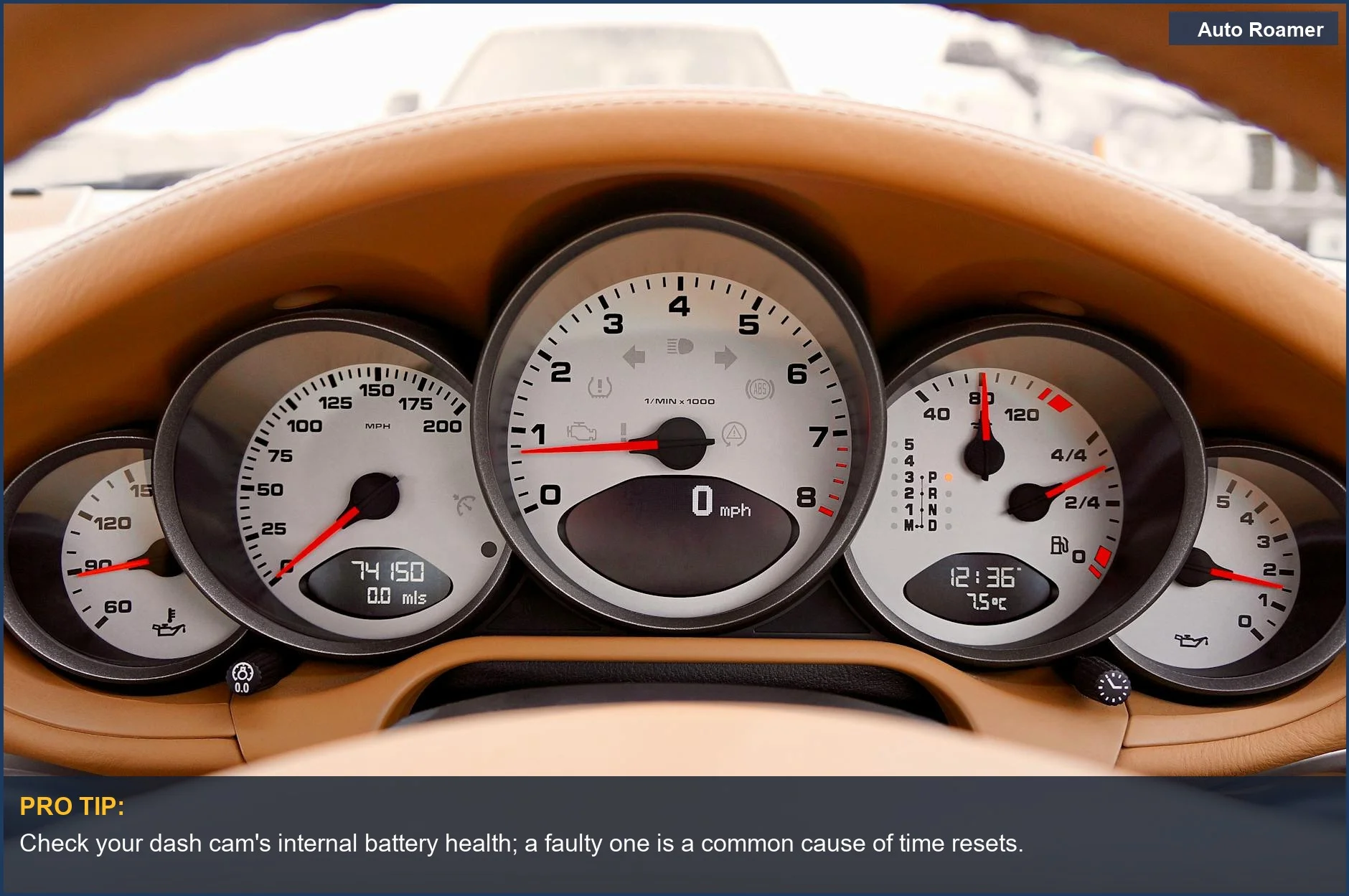 Car dashboard with speedometer and odometer, illustrating the need for accurate dash cam time settings.
