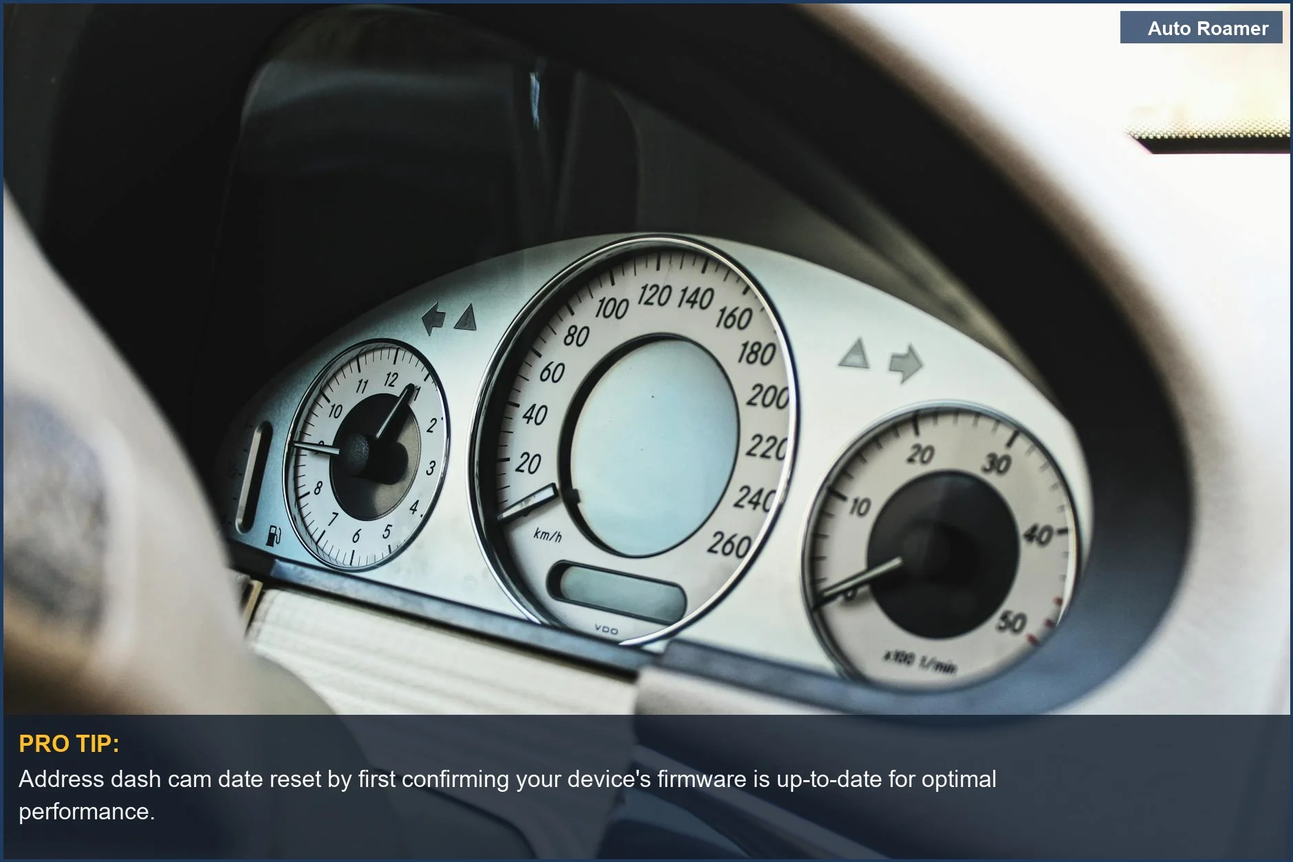 Close-up of car dashboard speedometer and tachometer, emphasizing the impact of dash cam date reset issues.
