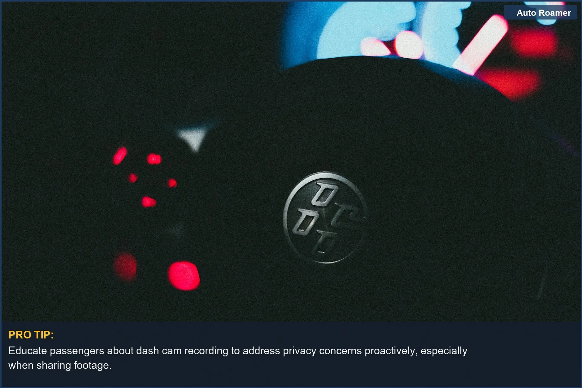 Close-up of car steering wheel and dashboard with vibrant instrument lighting in darkness, relevant to dash cam privacy.