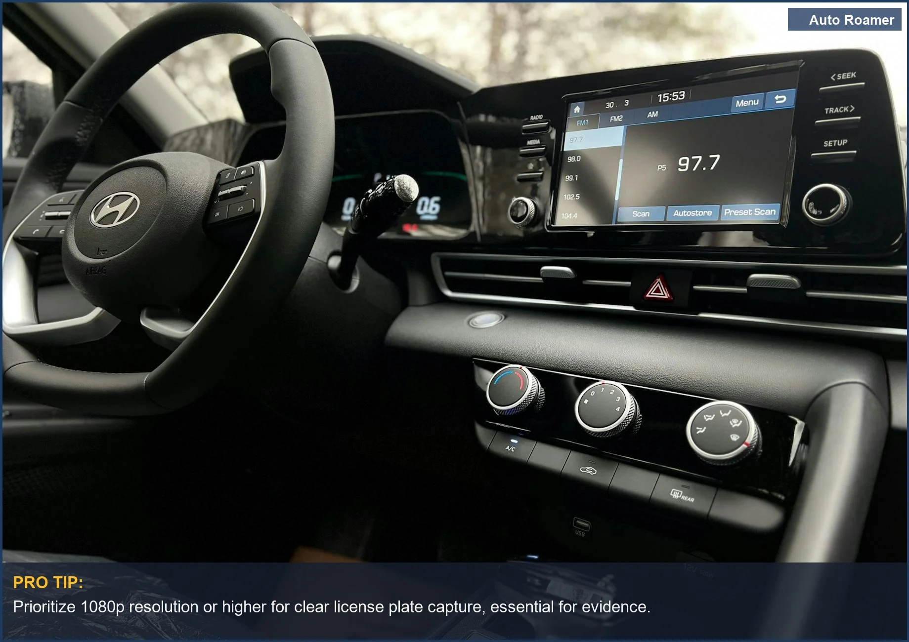 Contemporary car dashboard with a touchscreen infotainment system and steering wheel, emphasizing video quality in dash cam features explained.