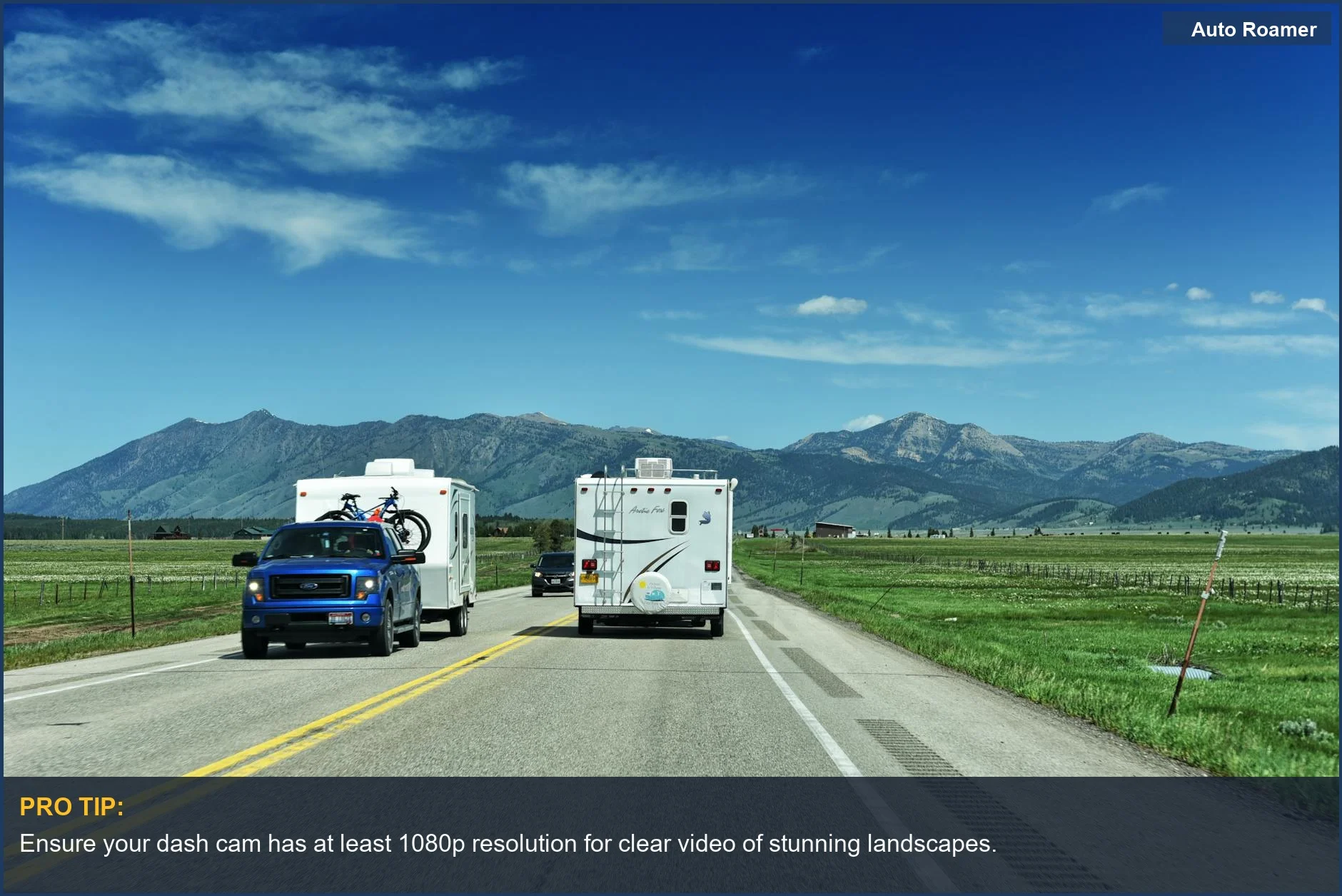 Scenic Yellowstone drive with RVs and mountains, ideal for capturing camping dash cam footage.