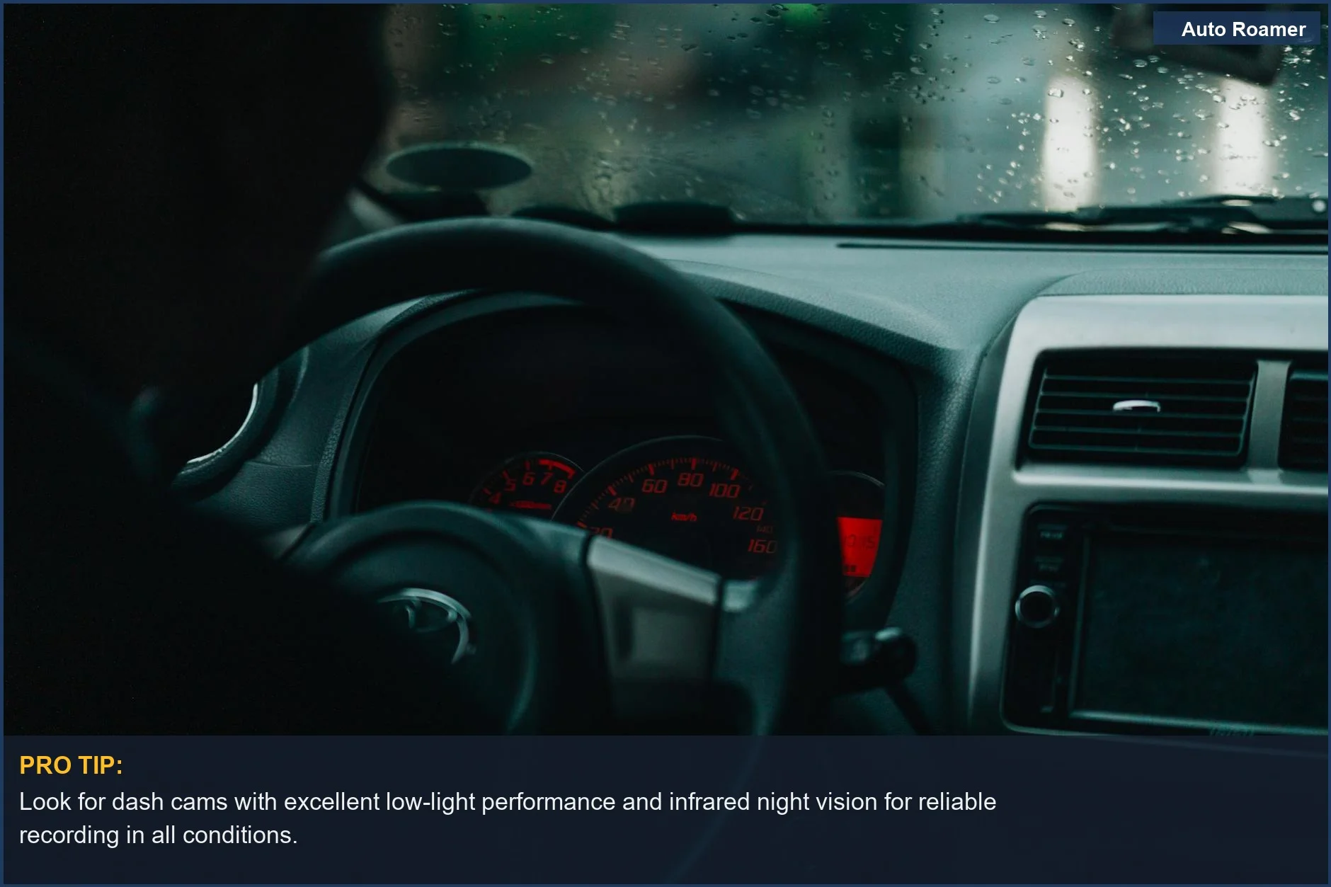Car dashboard and windshield with raindrops, showcasing the need for Lyft dash cam essentials in bad weather.