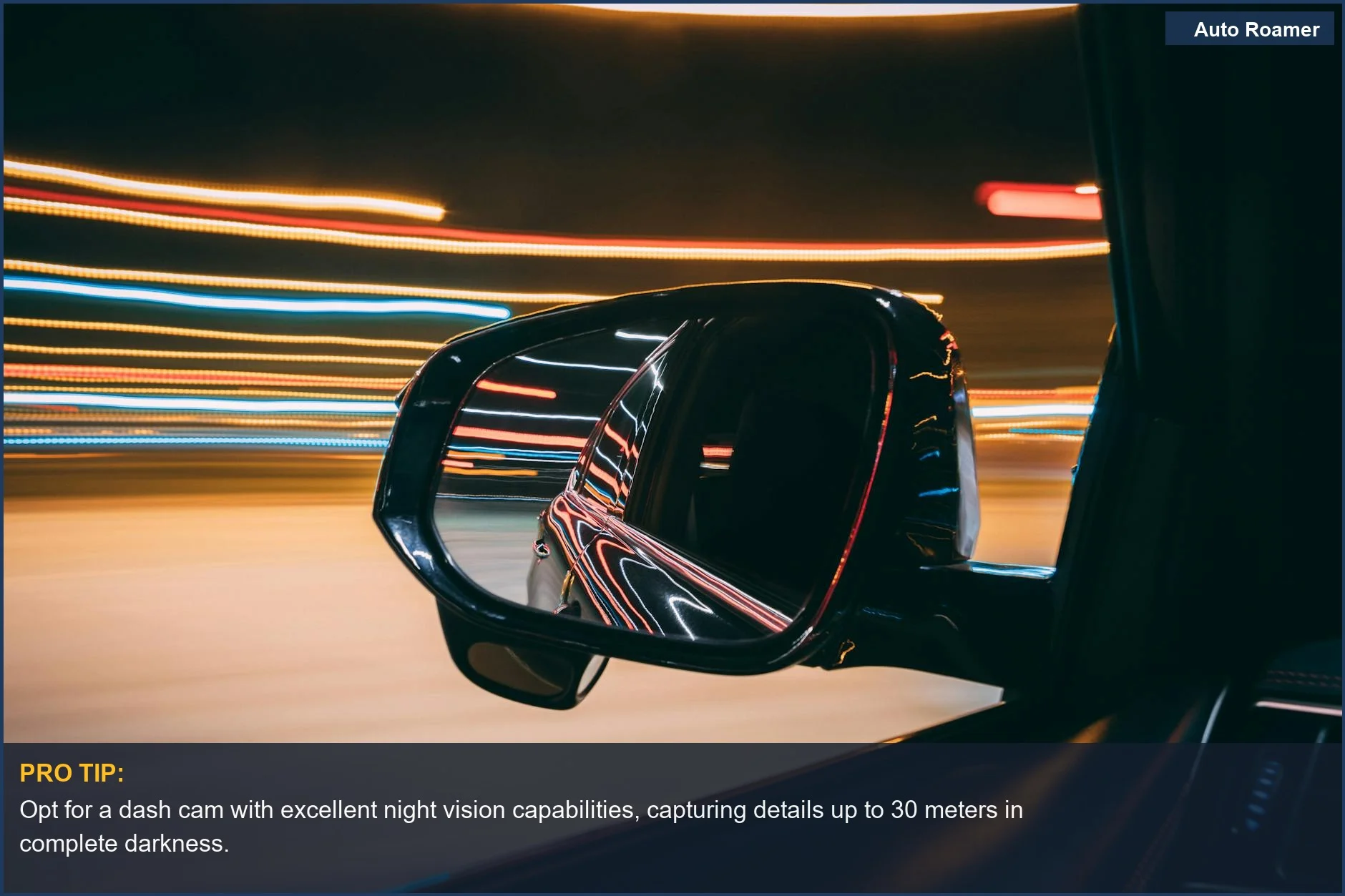 Night drive car side mirror reflection, emphasizing the need for advanced dash cam features like night vision.