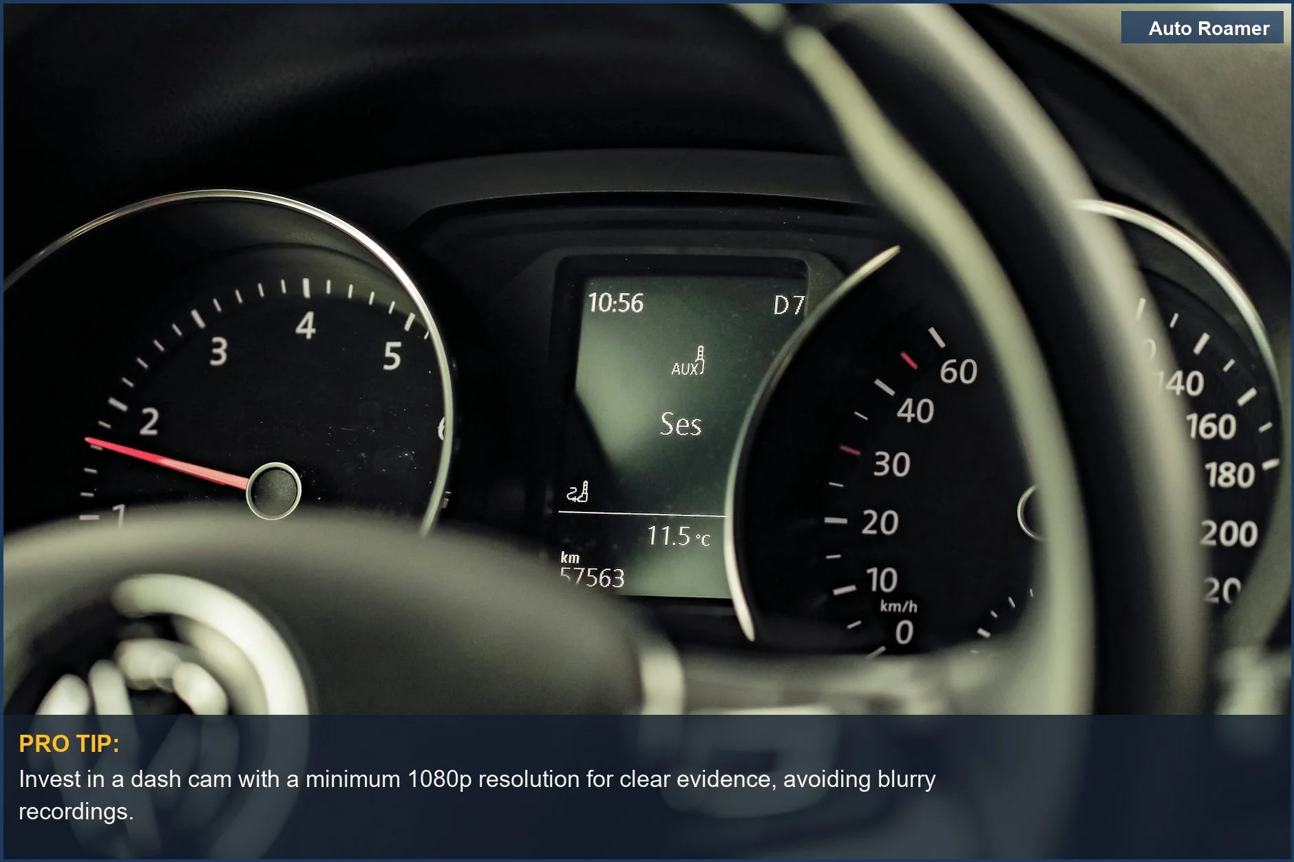 Detailed view of a Volkswagen dashboard with speedometer and control panel, emphasizing smart dash cam choices.