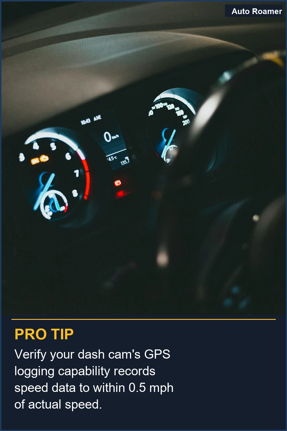 Verify your dash cam's GPS logging capability records speed data to within 0.5 mph of actual speed.