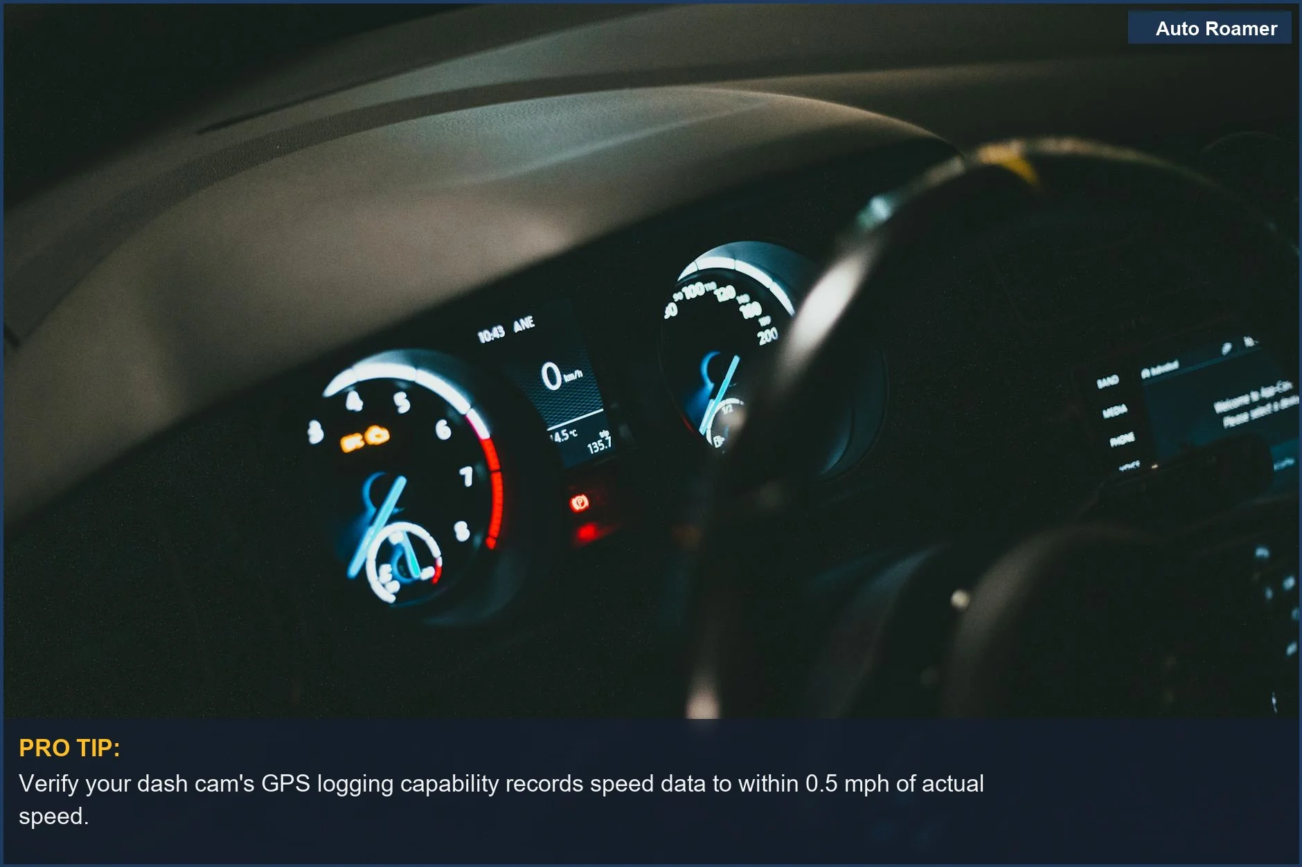 Detailed view of illuminated car dashboard with speedometer and odometer, illustrating the importance of GPS logging for context.