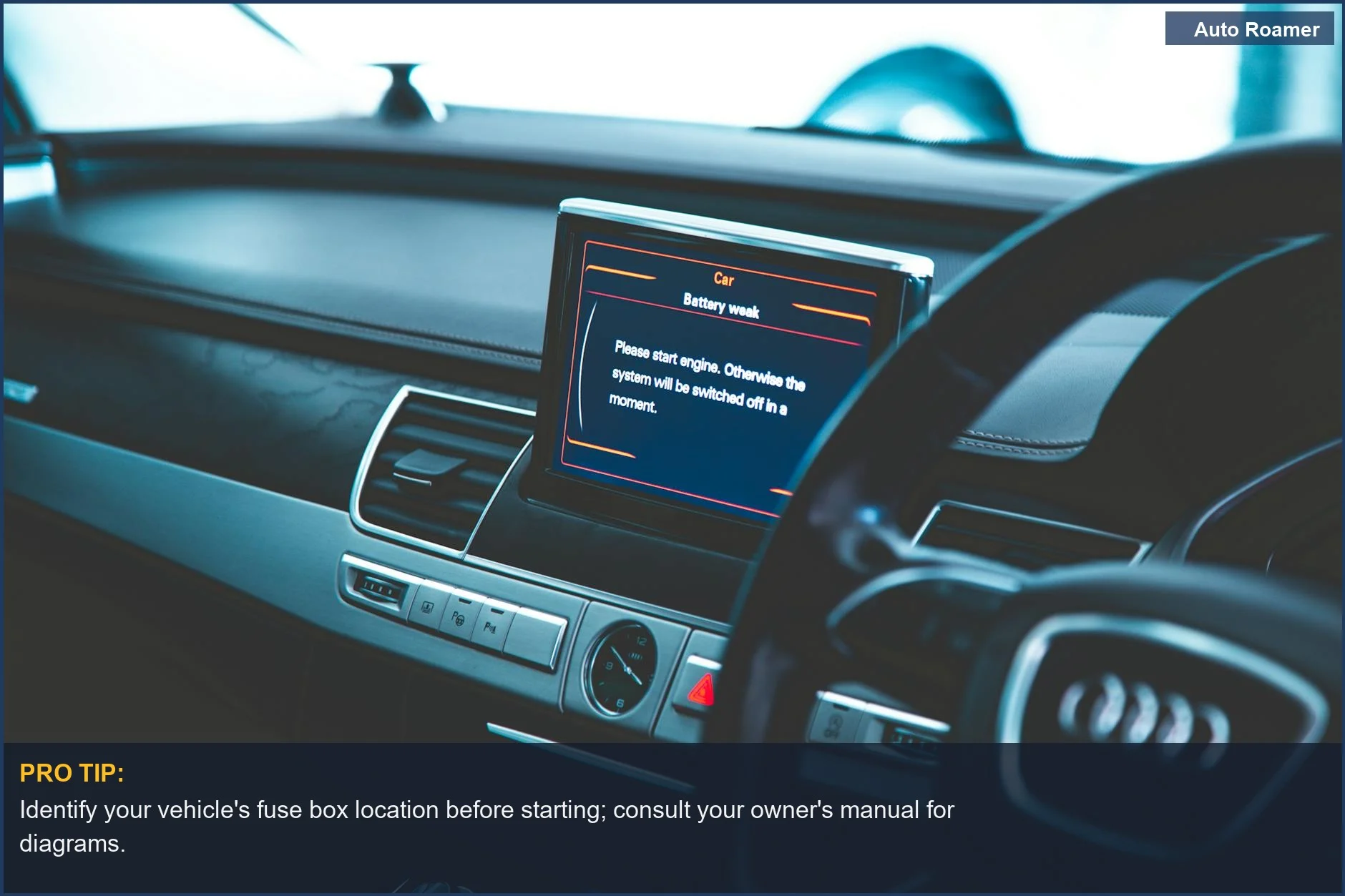 Modern car dashboard with glowing electronic display, perfect for illustrating dash cam hardwire kit installation.