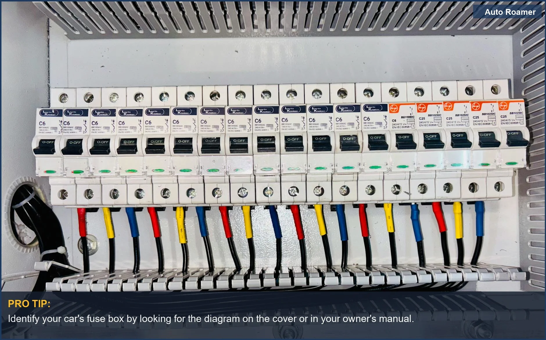 Primer plano de coloridos tipos de fusibles automotrices mini y ATO en el panel de fusibles de un coche para el cableado de la dash cam.