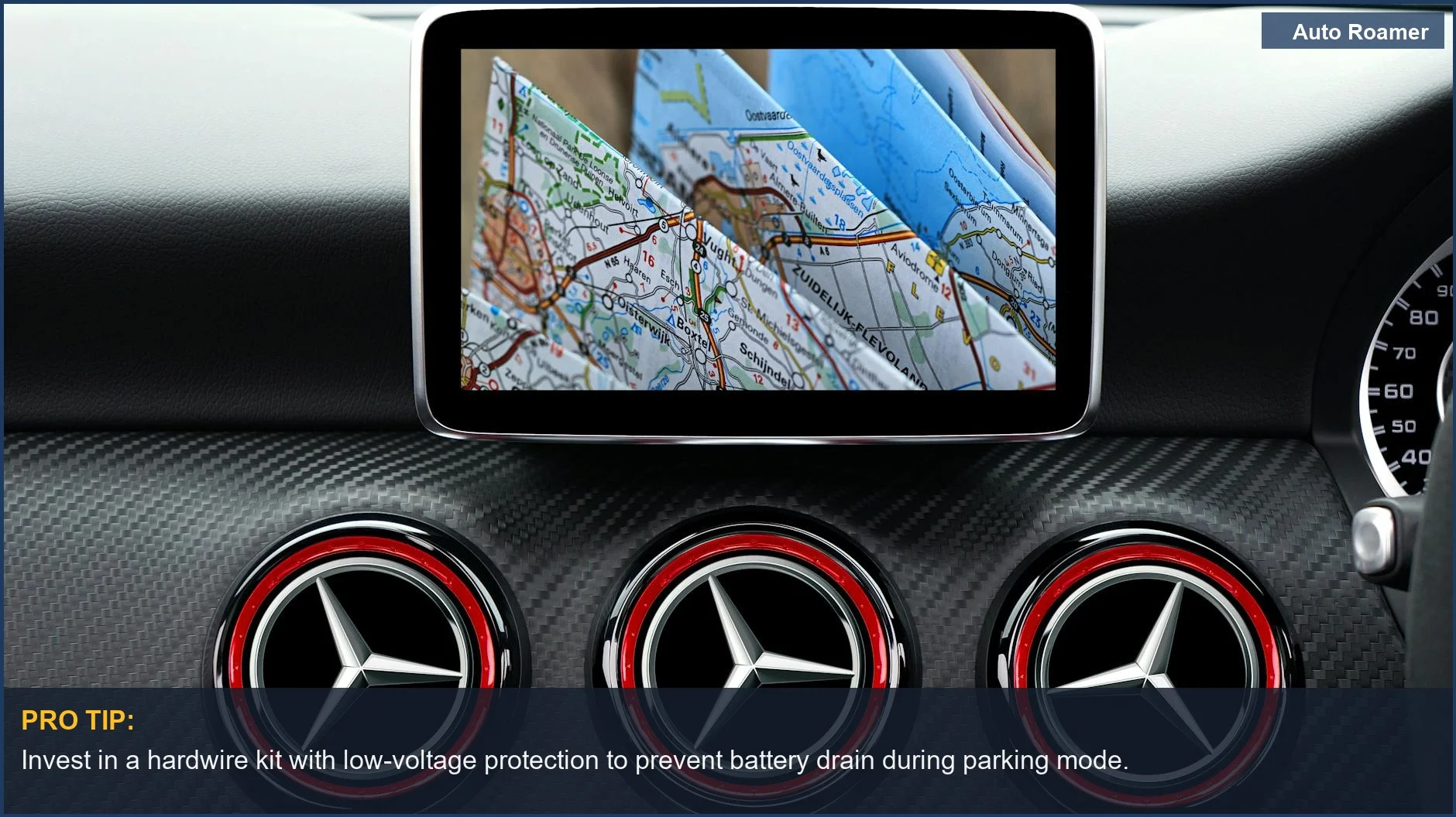 Close-up of a modern car dashboard with a GPS, showcasing advanced features enabled by dash cam hardwire kits.