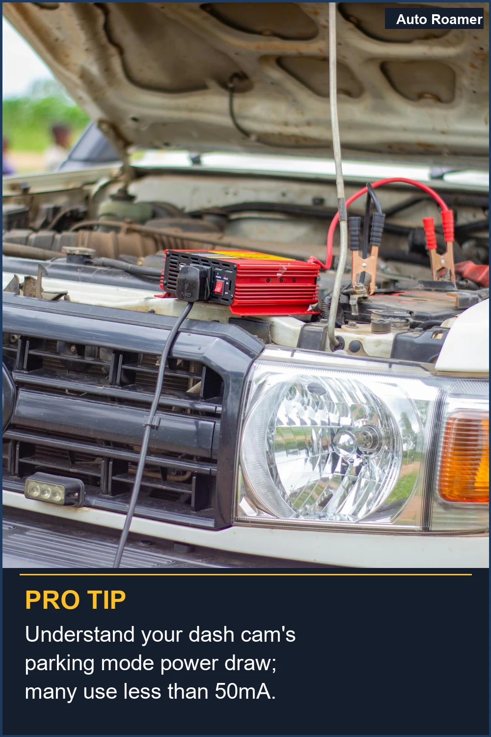 Comprende el consumo de energía del modo de aparcamiento de tu dash cam; muchas usan menos de 50 mA.