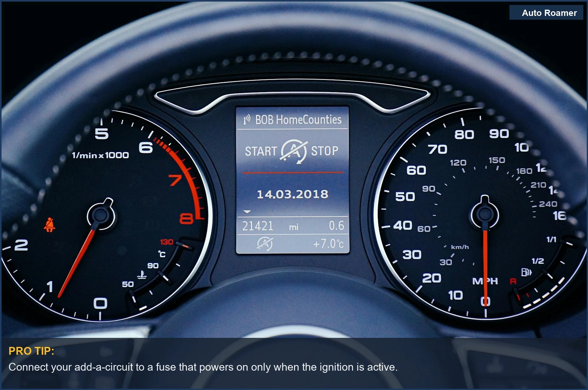 Close-up of a car dashboard with illuminated speedometer and digital display for add-a-circuit explained.