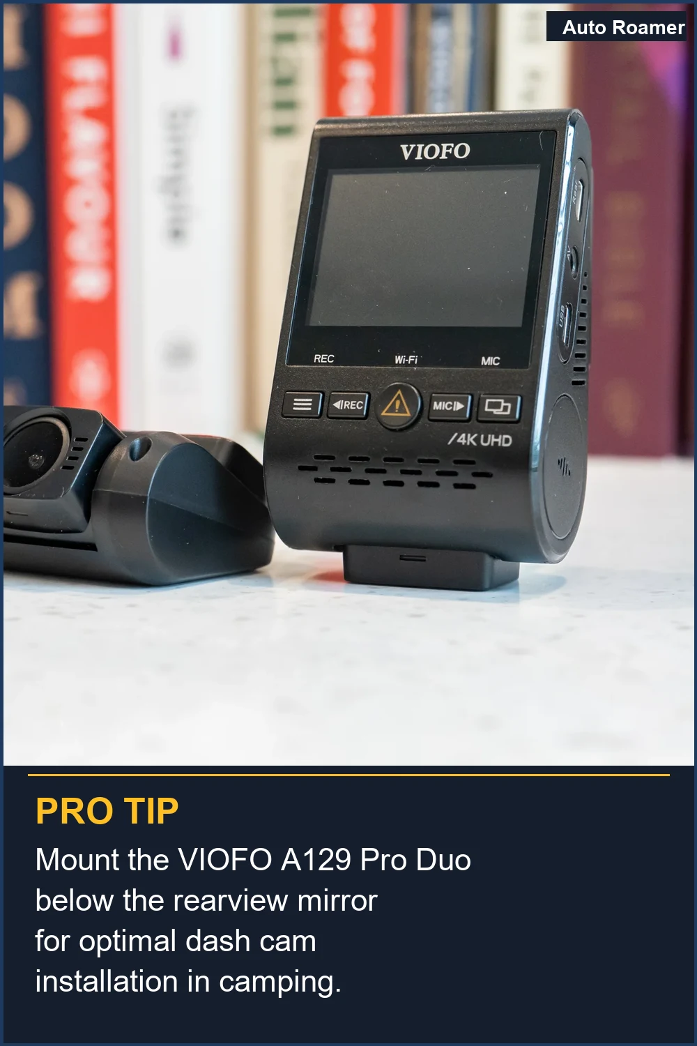 Mount the VIOFO A129 Pro Duo below the rearview mirror for optimal dash cam installation in camping.