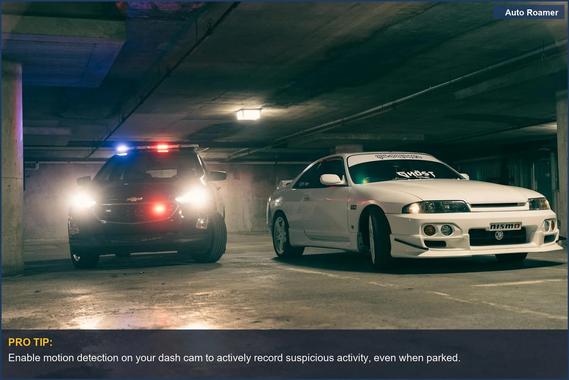 Dash cam motion sensor captures tense atmosphere of police cars in dimly lit underground garage.