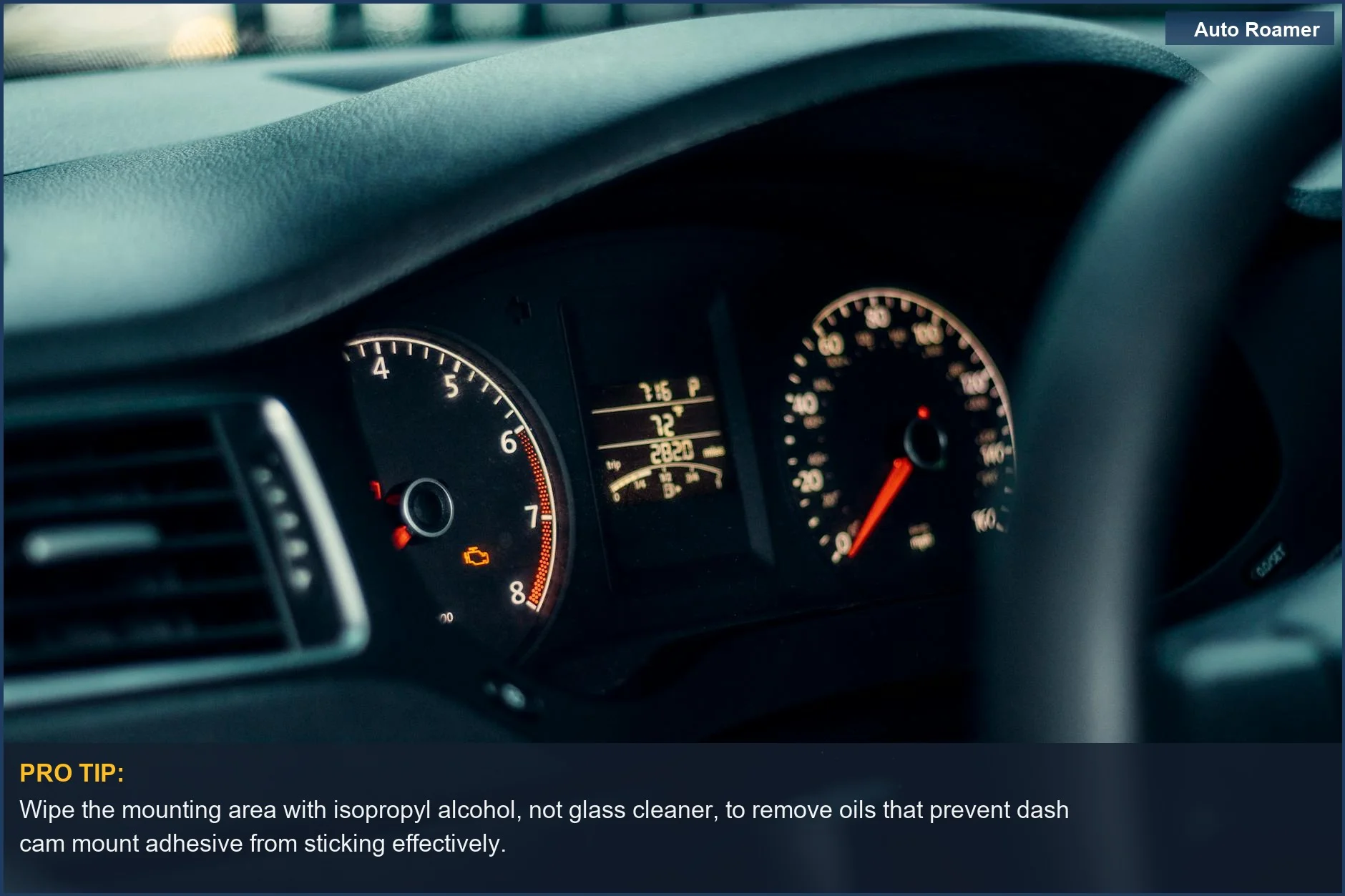 Illuminated car dashboard gauges and speedometer, emphasizing the need for a clean surface for dash cam mount adhesive.